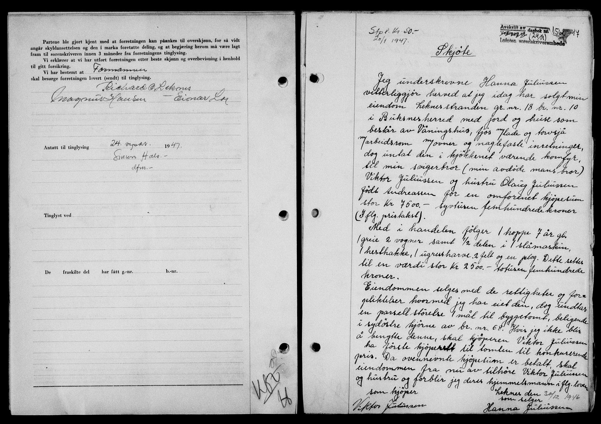 Lofoten sorenskriveri, SAT/A-0017/1/2/2C/L0016a: Mortgage book no. 16a, 1947-1947, Diary no: : 1562/1947