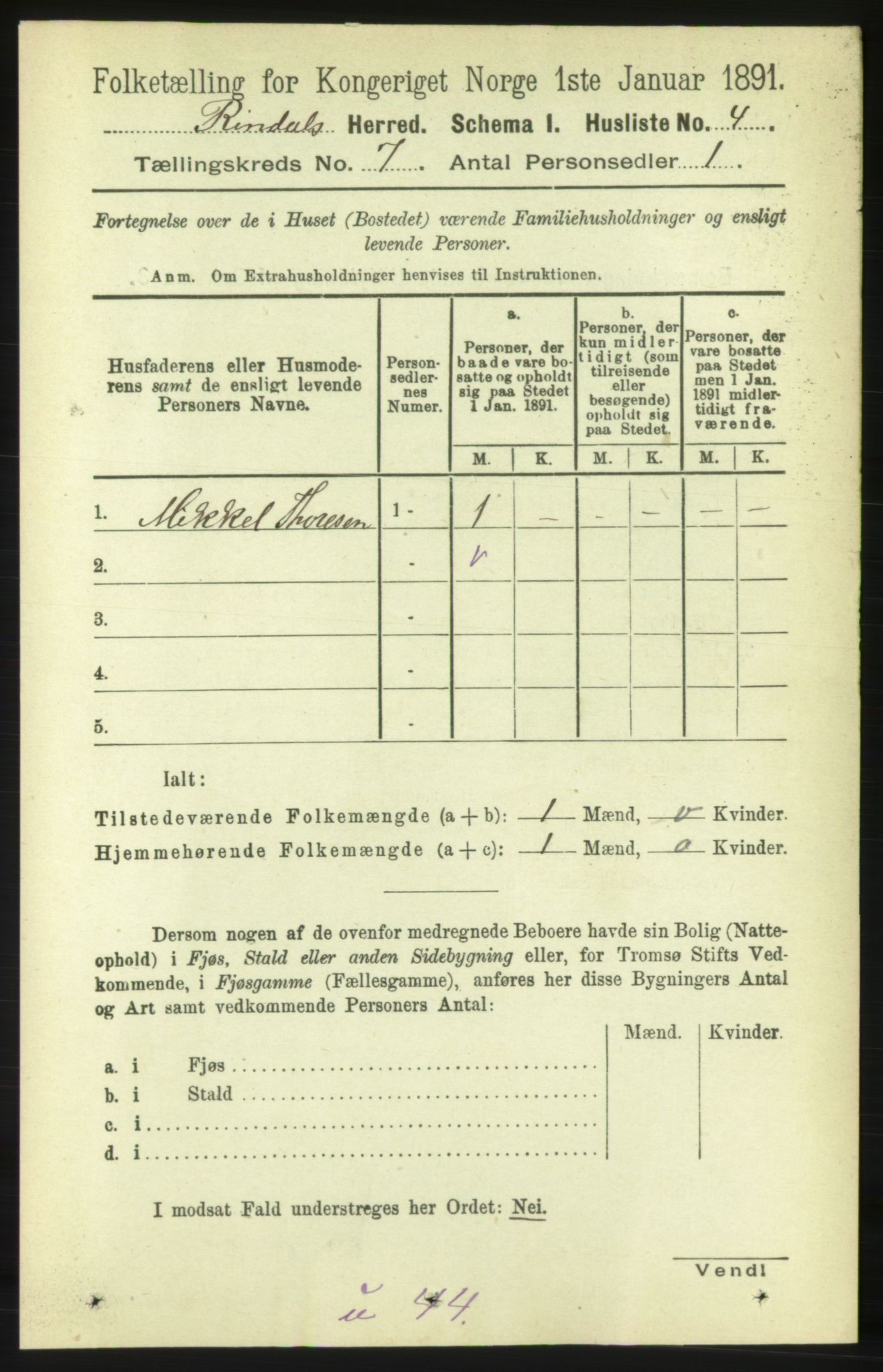 RA, 1891 census for 1567 Rindal, 1891, p. 1967