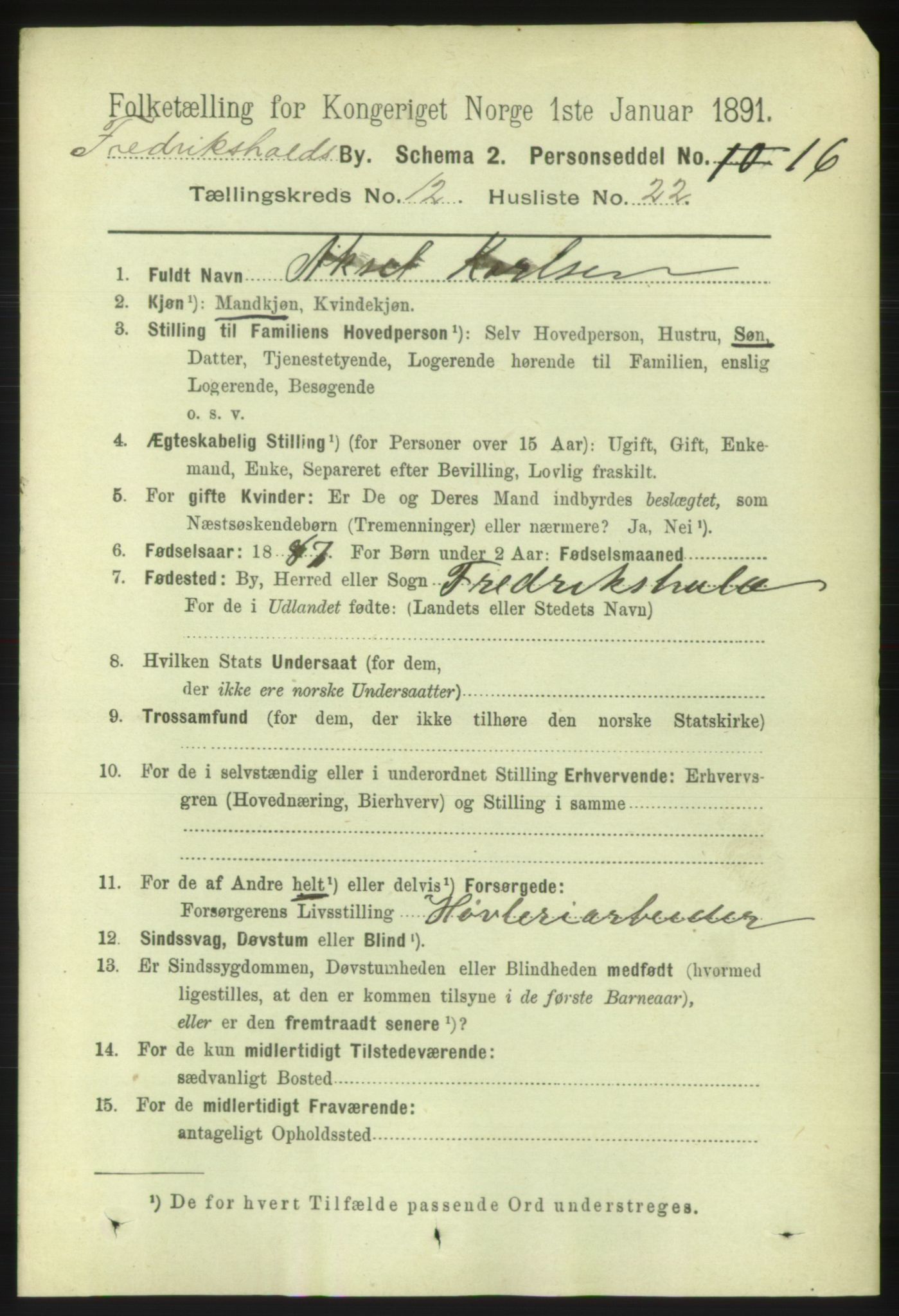 RA, 1891 census for 0101 Fredrikshald, 1891, p. 8551