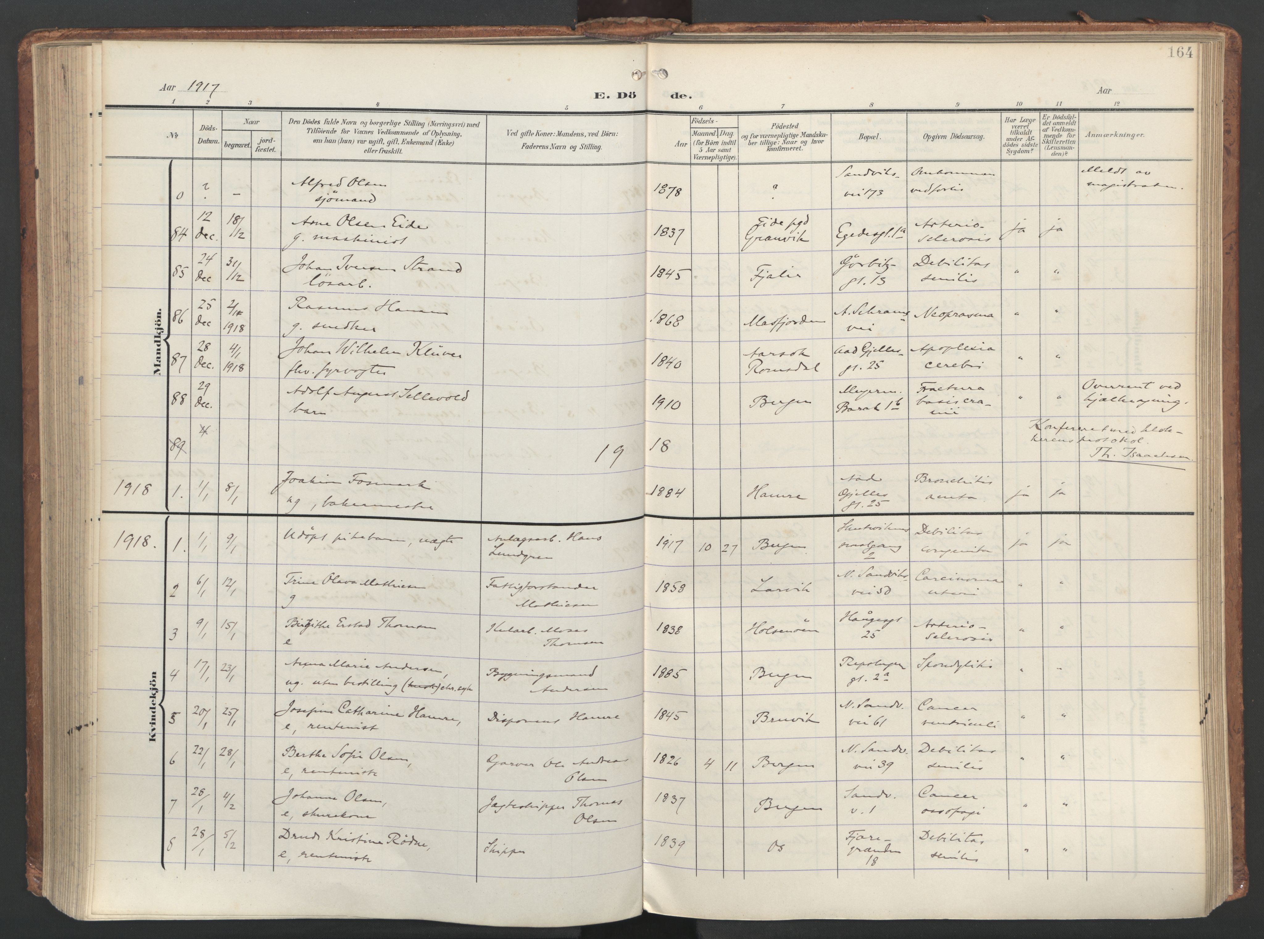 Sandviken Sokneprestembete, AV/SAB-A-77601/H/Ha/L0019: Parish register (official) no. E 2, 1905-1933, p. 164