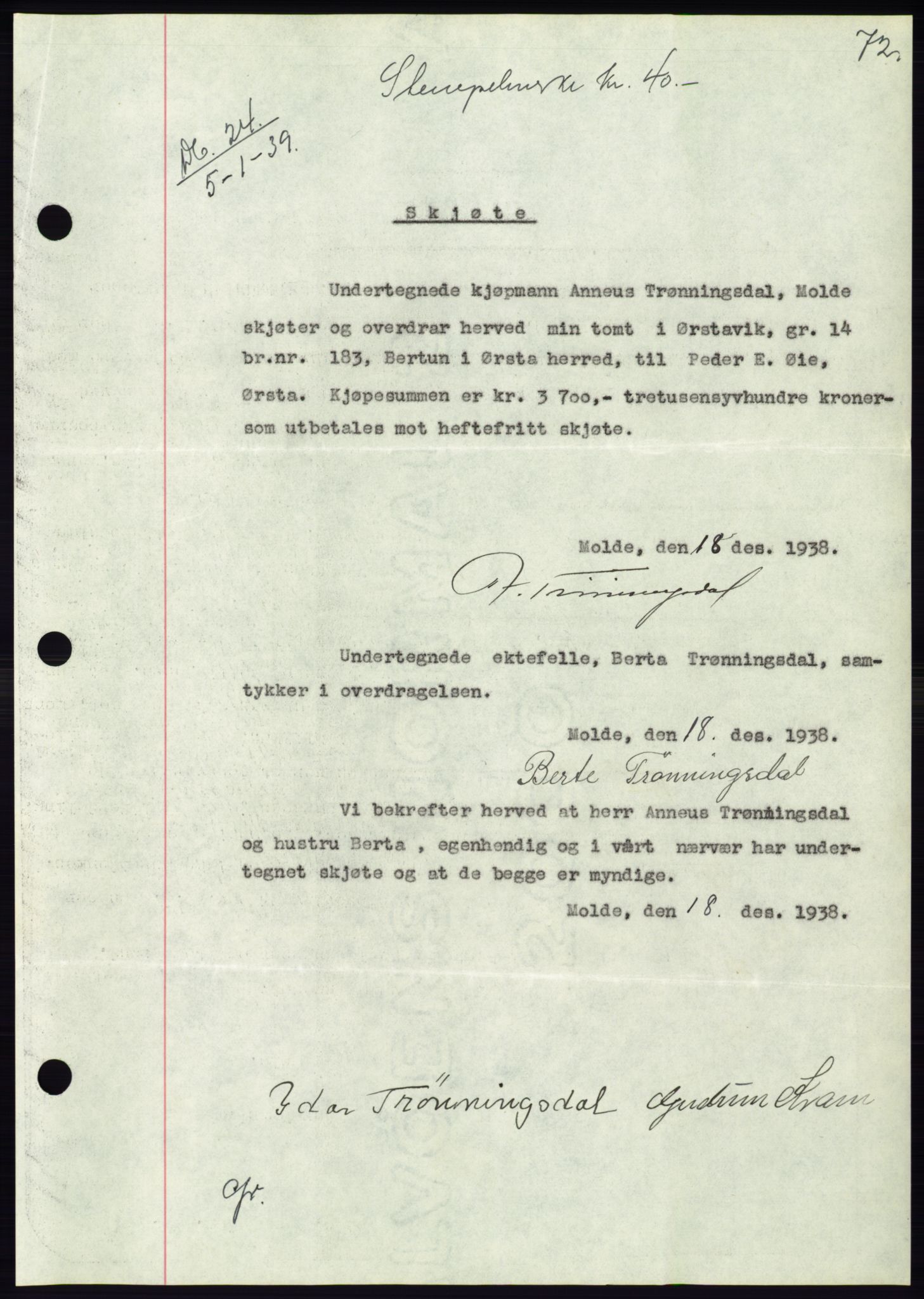 Søre Sunnmøre sorenskriveri, AV/SAT-A-4122/1/2/2C/L0067: Mortgage book no. 61, 1938-1939, Diary no: : 24/1939