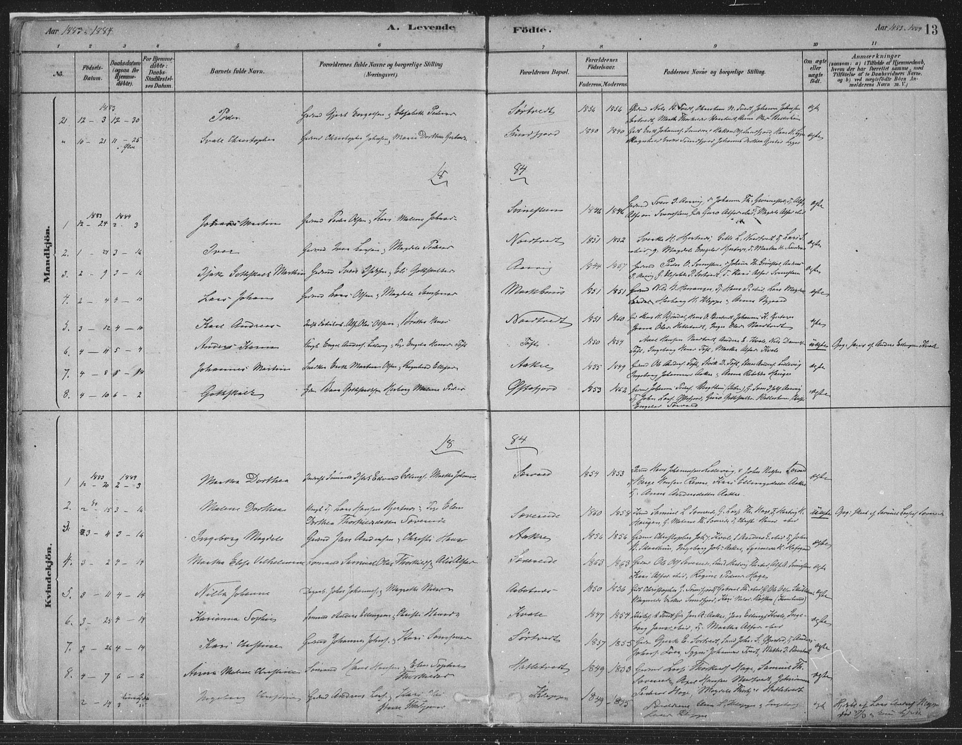 Fusa sokneprestembete, SAB/A-75401/H/Haa: Parish register (official) no. D 1, 1880-1938, p. 13