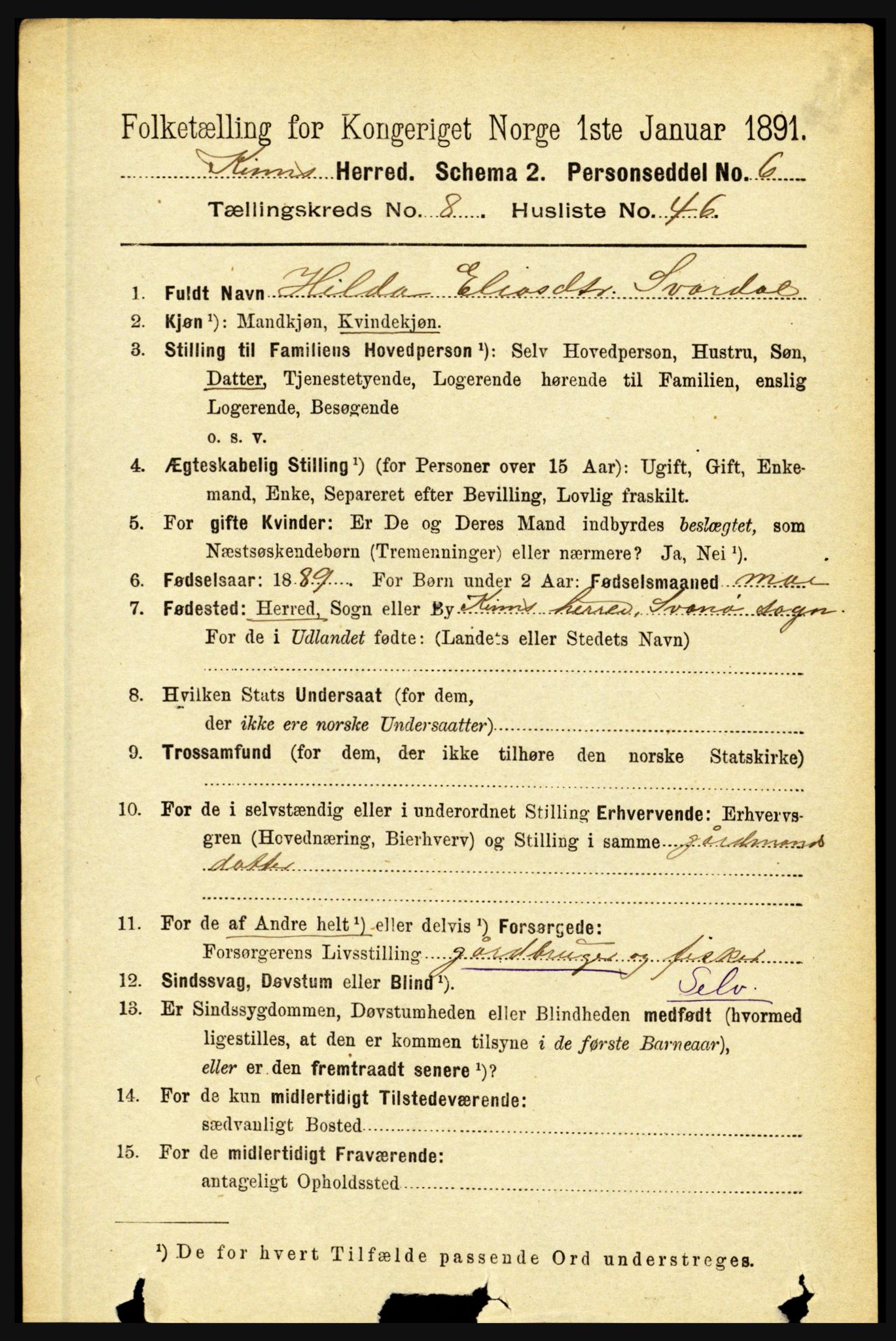 RA, 1891 census for 1437 Kinn, 1891, p. 3396