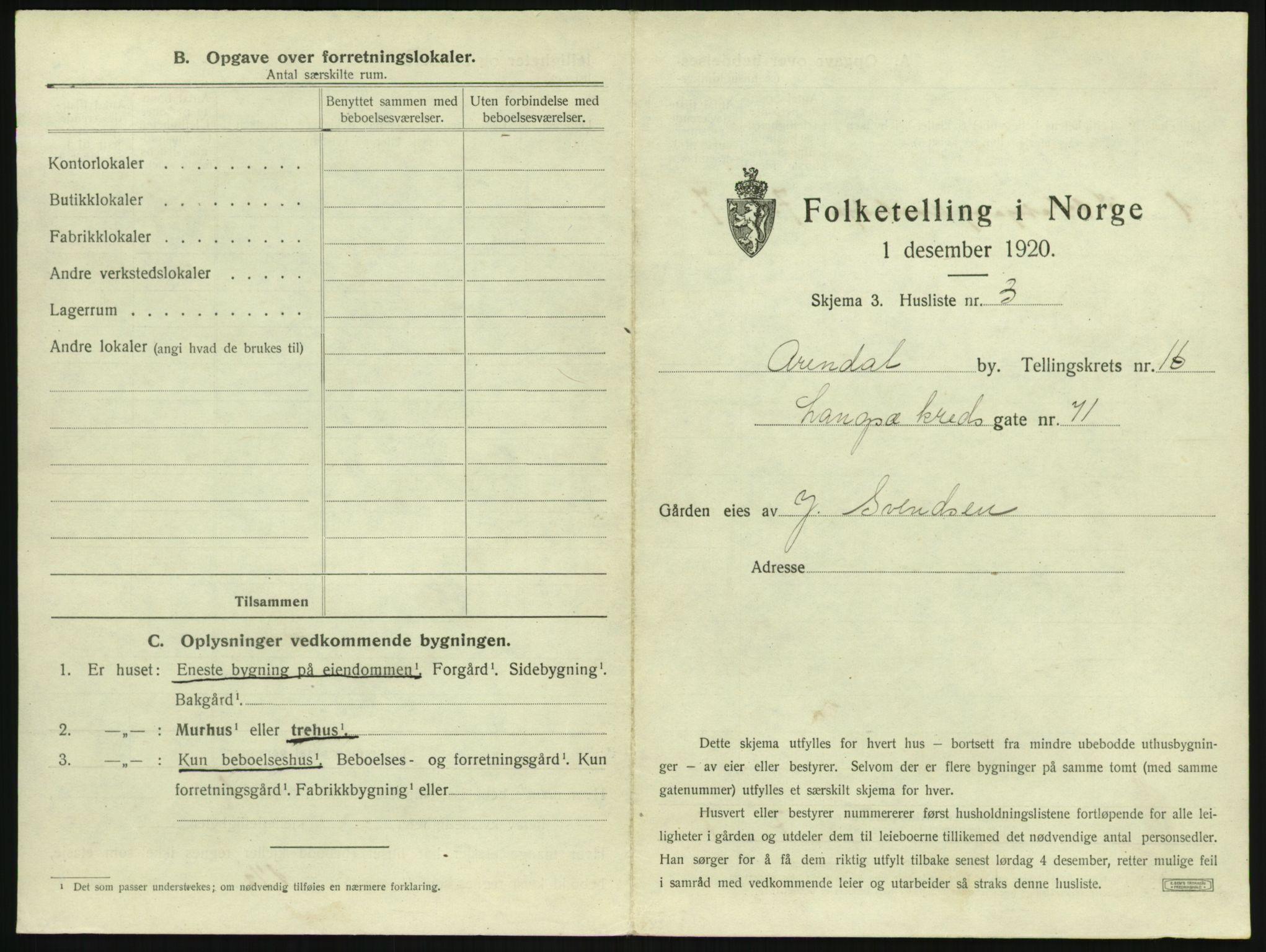 SAK, 1920 census for Arendal, 1920, p. 2350