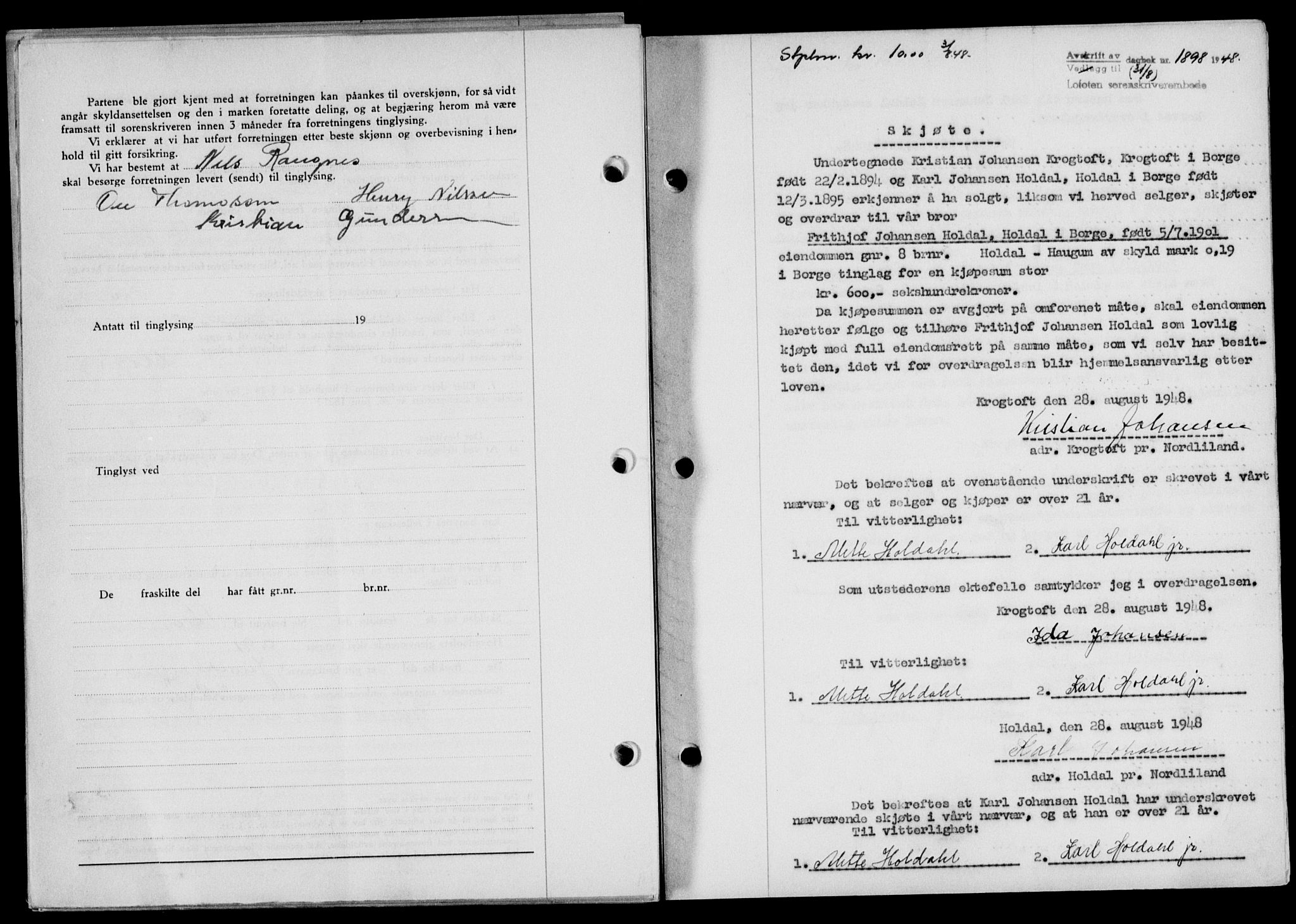 Lofoten sorenskriveri, SAT/A-0017/1/2/2C/L0019a: Mortgage book no. 19a, 1948-1948, Diary no: : 1898/1948