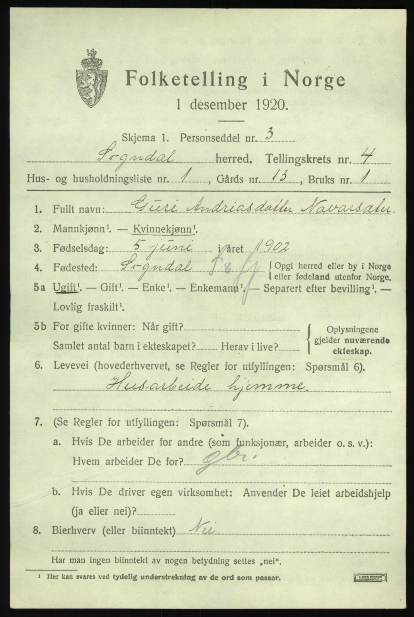 SAB, 1920 census for Sogndal, 1920, p. 2383