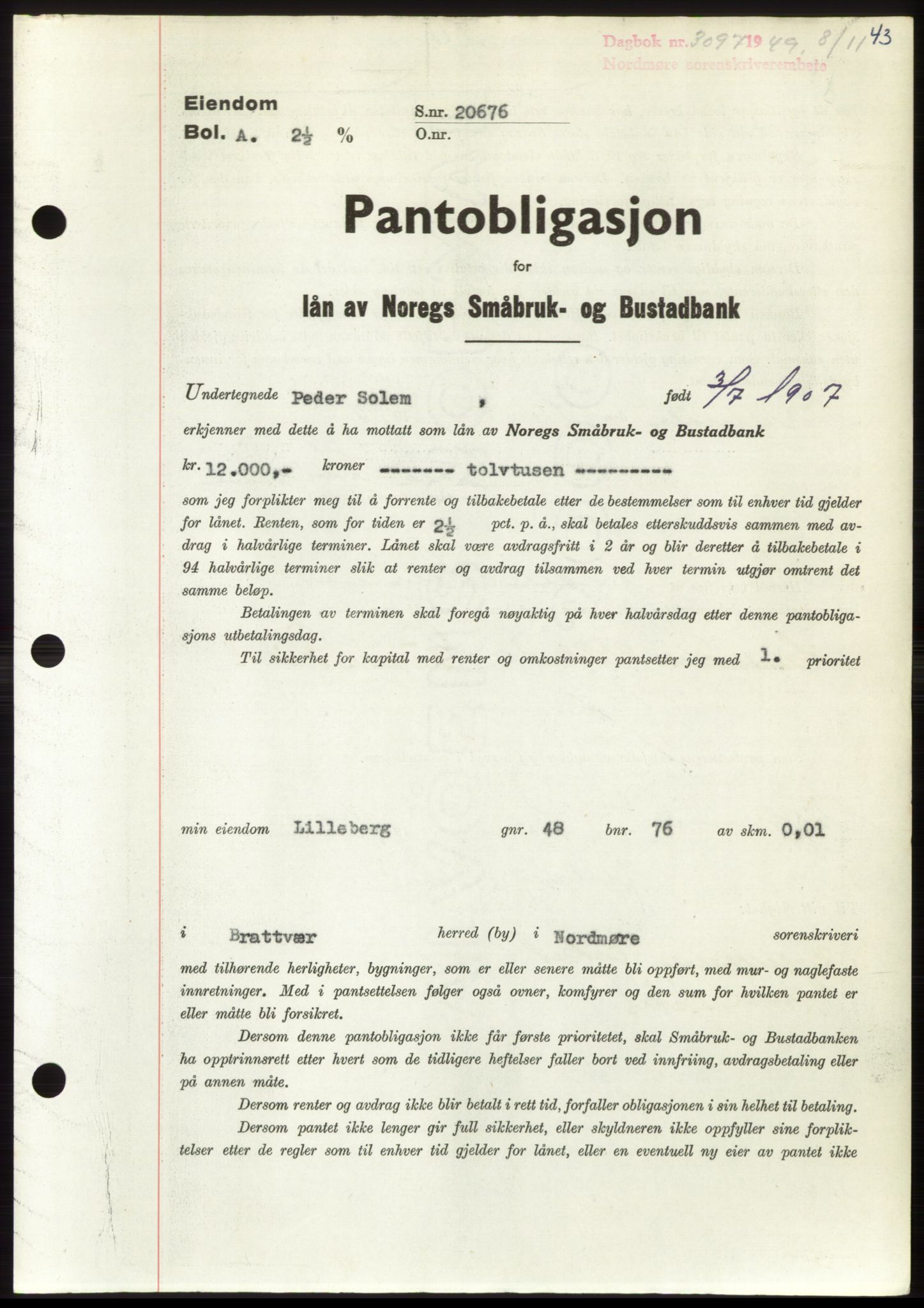 Nordmøre sorenskriveri, AV/SAT-A-4132/1/2/2Ca: Mortgage book no. B103, 1949-1950, Diary no: : 3097/1949