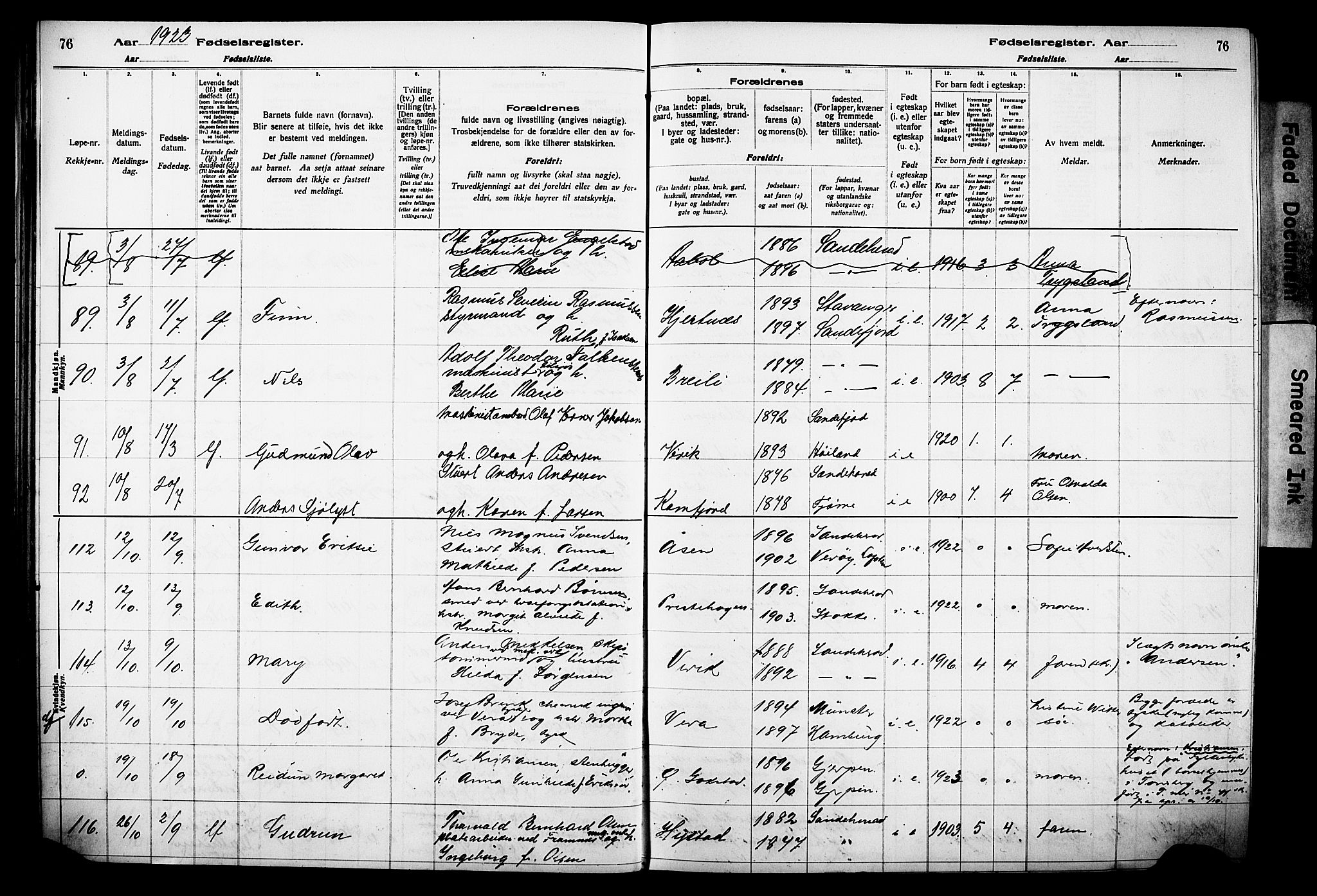 Sandar kirkebøker, AV/SAKO-A-243/J/Ja/L0002: Birth register no. 2, 1922-1929, p. 76