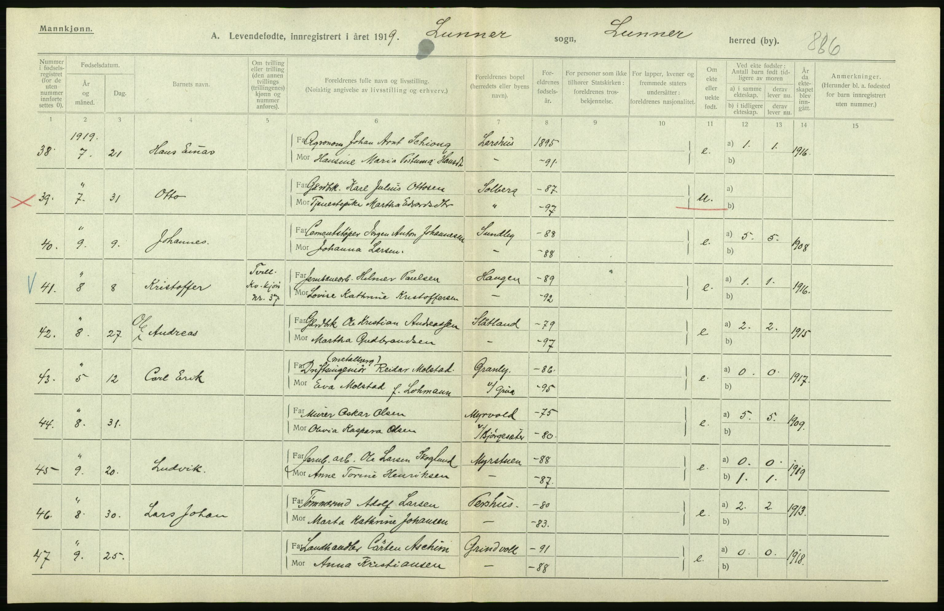 Statistisk sentralbyrå, Sosiodemografiske emner, Befolkning, RA/S-2228/D/Df/Dfb/Dfbi/L0014: Oppland fylke: Levendefødte menn og kvinner. Bygder og byer., 1919, p. 22