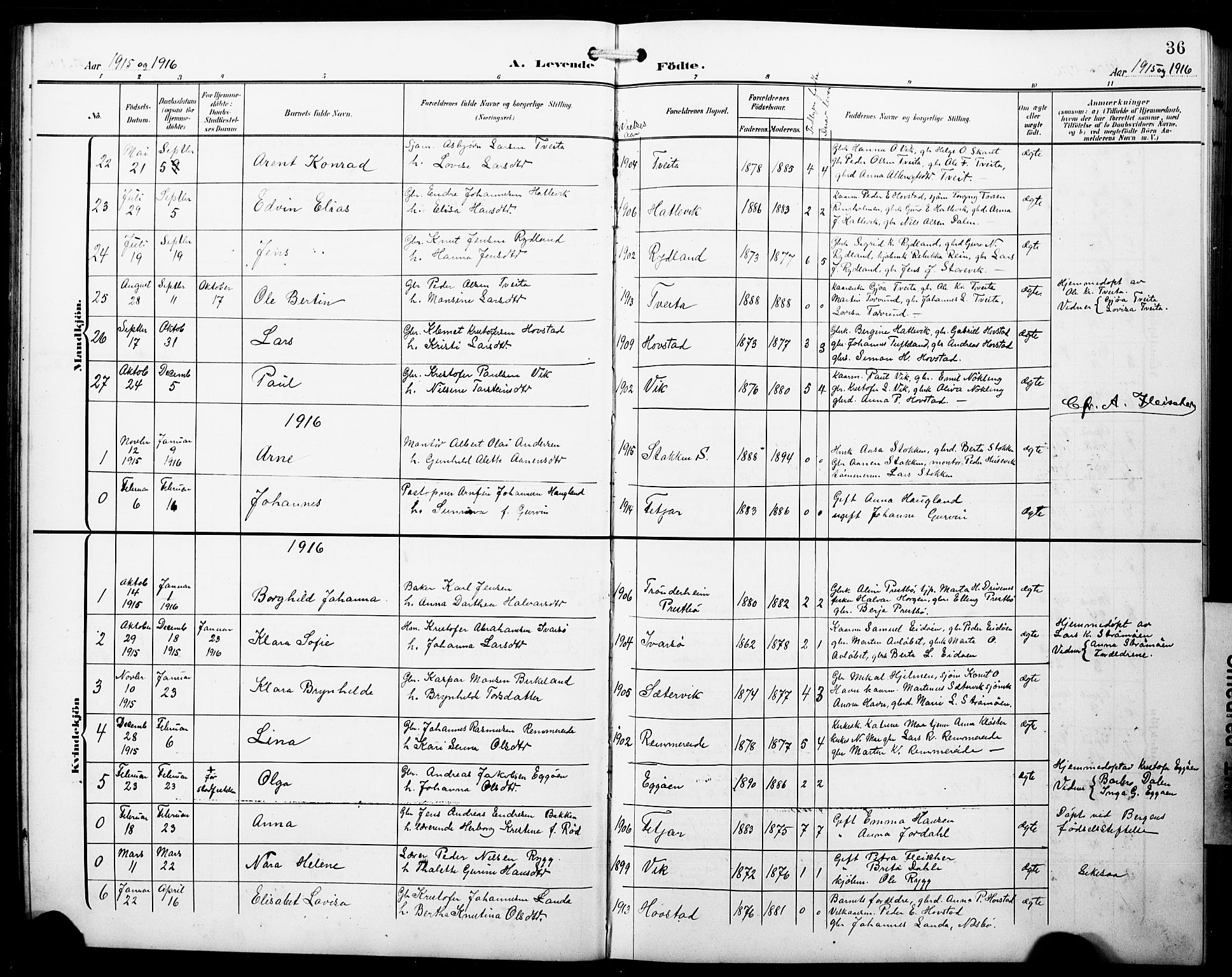 Fitjar sokneprestembete, SAB/A-99926: Parish register (copy) no. B 1, 1906-1928, p. 36