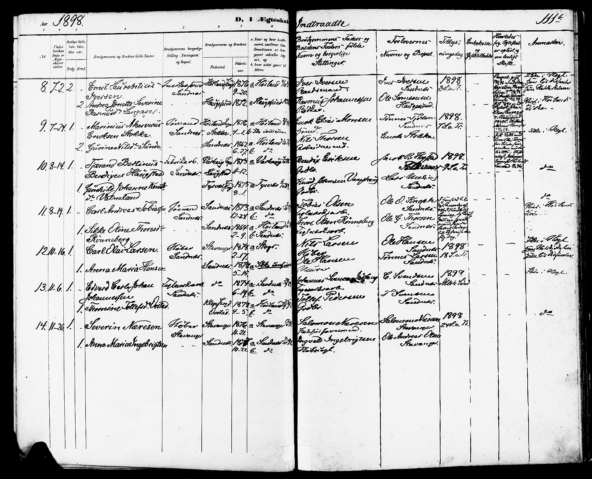 Høyland sokneprestkontor, AV/SAST-A-101799/001/30BA/L0014: Parish register (official) no. A 12, 1890-1898, p. 111