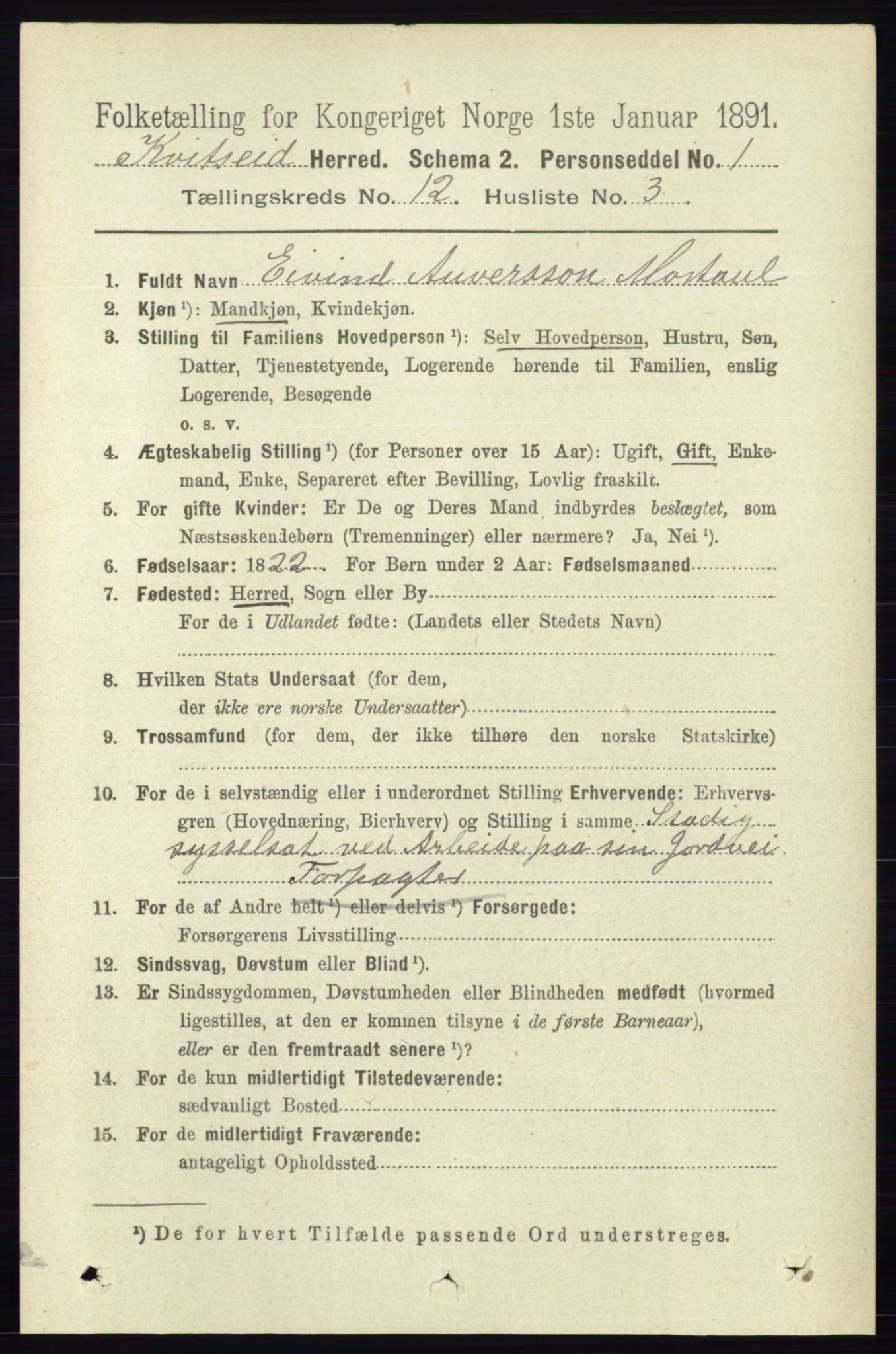 RA, 1891 census for 0829 Kviteseid, 1891, p. 2852