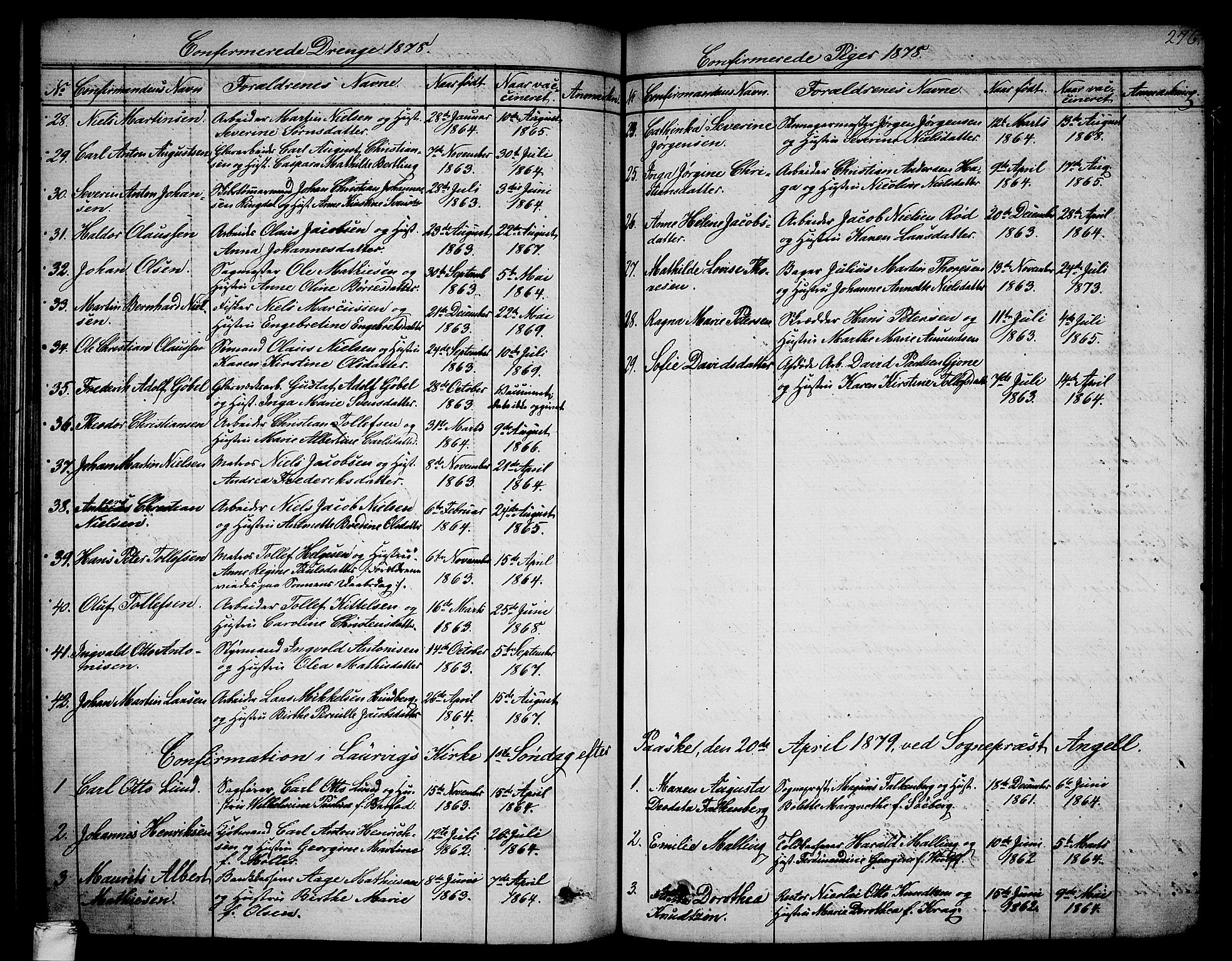 Larvik kirkebøker, SAKO/A-352/G/Ga/L0004: Parish register (copy) no. I 4, 1871-1888, p. 276