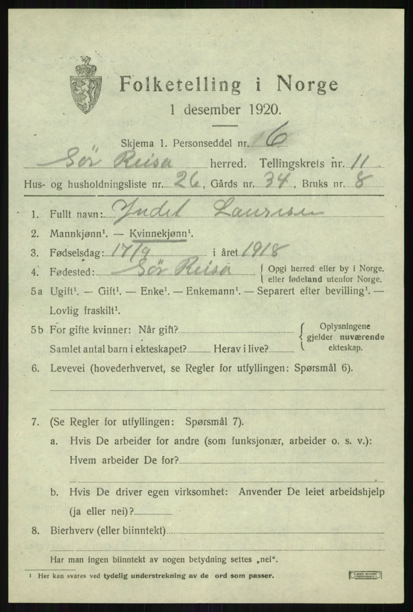 SATØ, 1920 census for Sørreisa, 1920, p. 5086