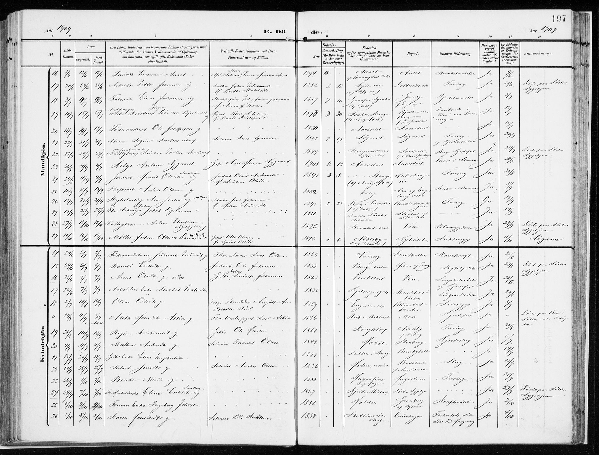 Løten prestekontor, AV/SAH-PREST-022/K/Ka/L0011: Parish register (official) no. 11, 1908-1917, p. 197