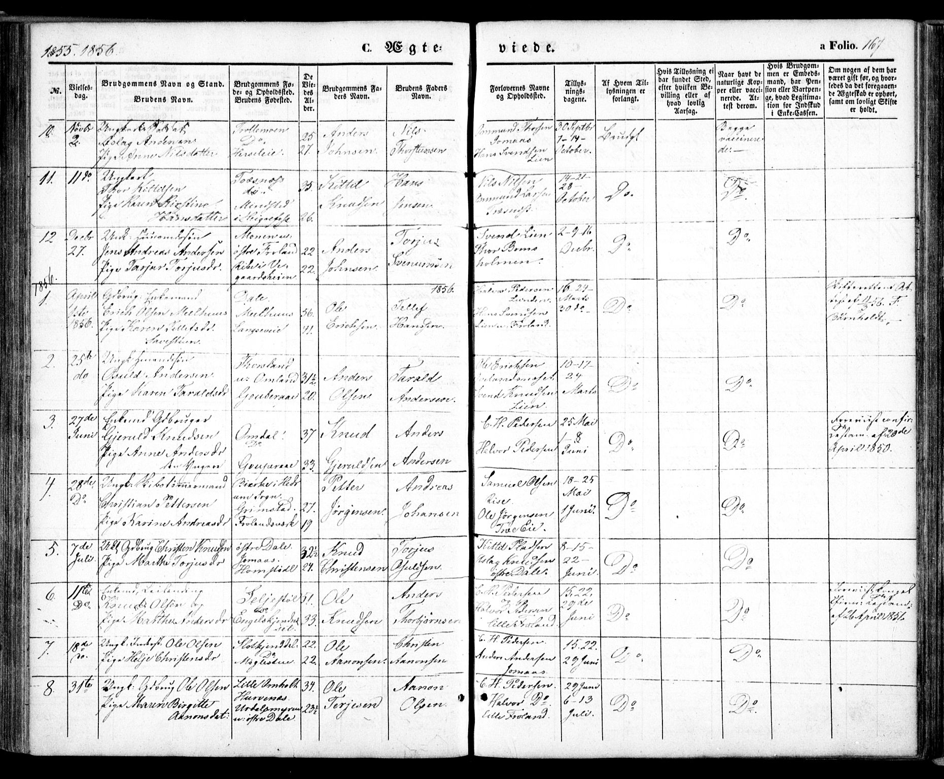 Froland sokneprestkontor, SAK/1111-0013/F/Fa/L0002: Parish register (official) no. A 2, 1845-1863, p. 167