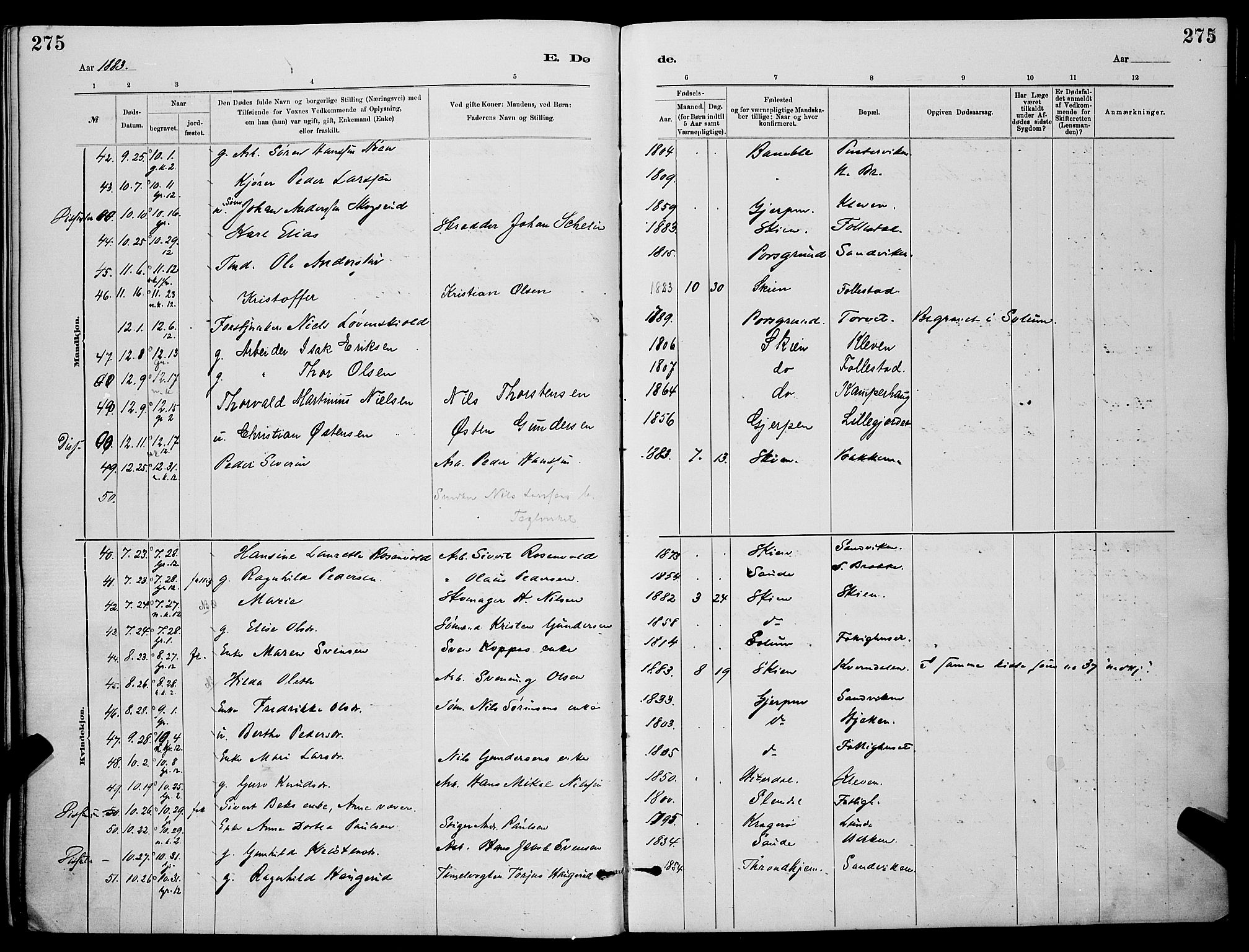 Skien kirkebøker, AV/SAKO-A-302/G/Ga/L0006: Parish register (copy) no. 6, 1881-1890, p. 275