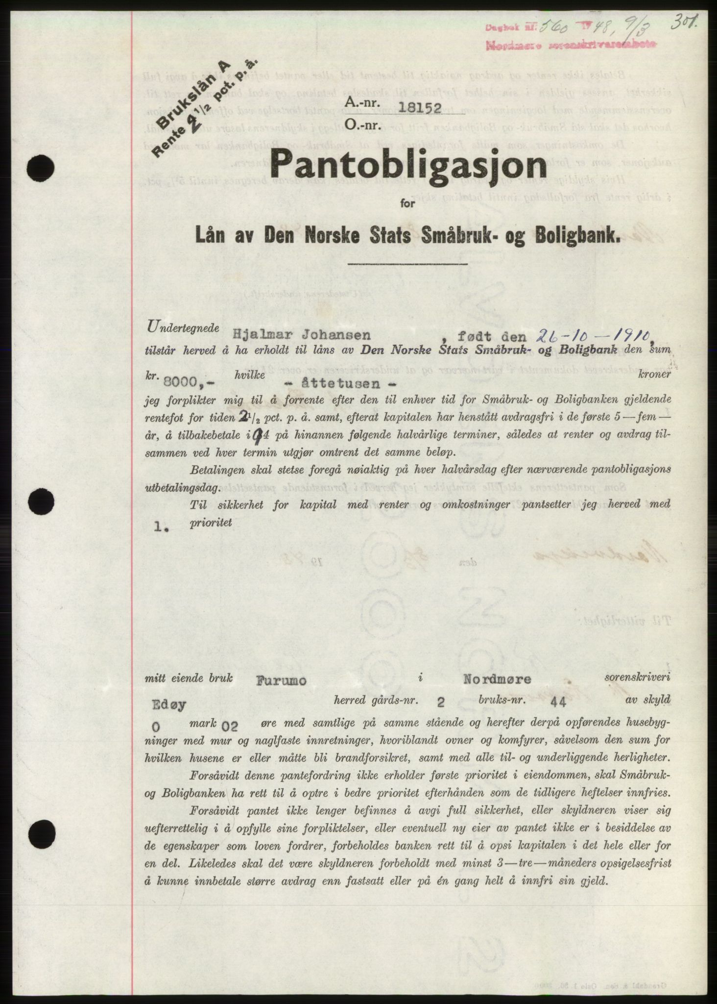 Nordmøre sorenskriveri, AV/SAT-A-4132/1/2/2Ca: Mortgage book no. B98, 1948-1948, Diary no: : 560/1948