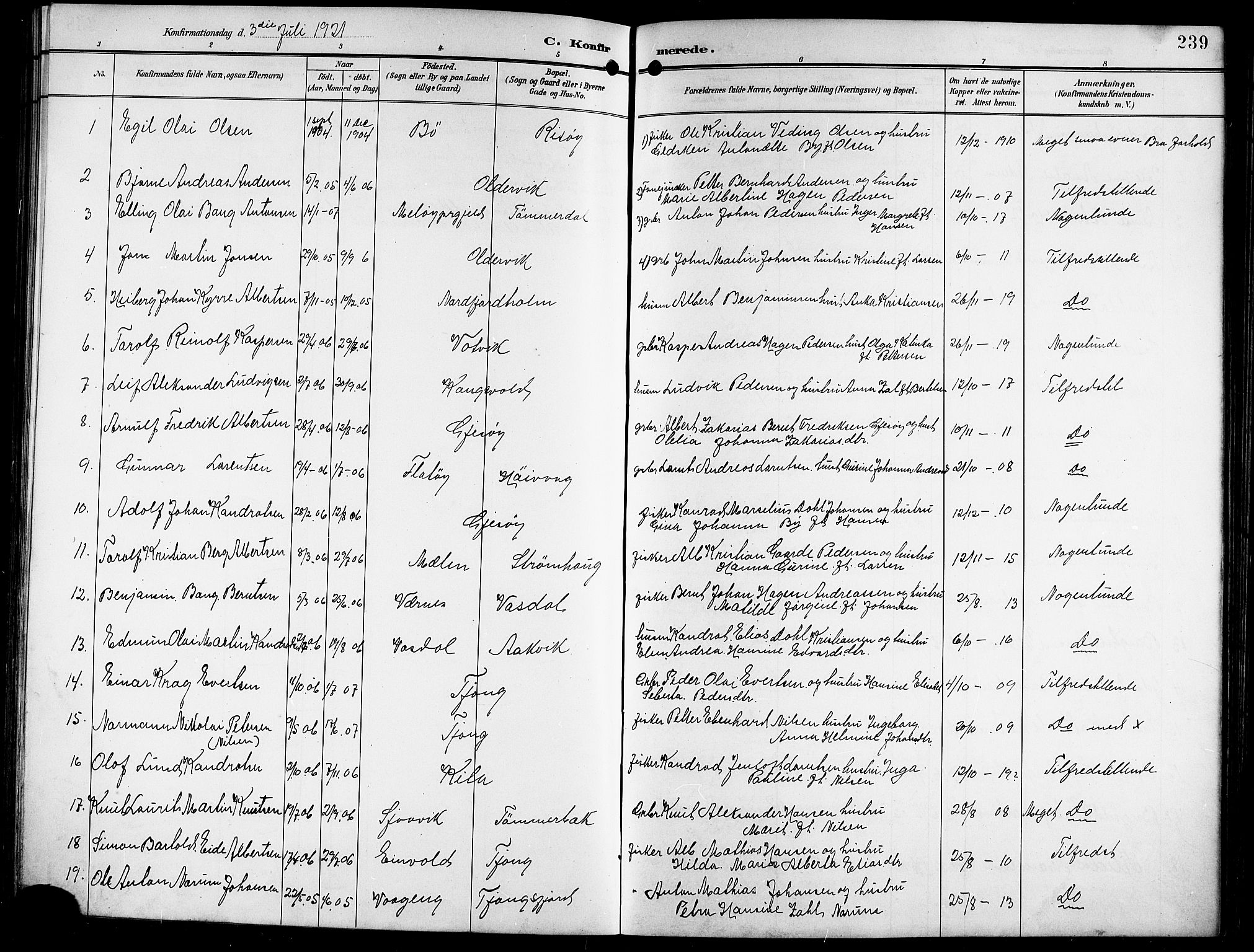 Ministerialprotokoller, klokkerbøker og fødselsregistre - Nordland, SAT/A-1459/841/L0621: Parish register (copy) no. 841C05, 1897-1923, p. 239