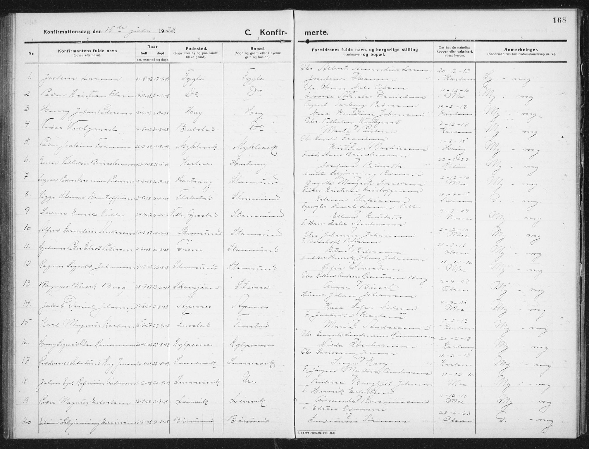 Ministerialprotokoller, klokkerbøker og fødselsregistre - Nordland, SAT/A-1459/882/L1183: Parish register (copy) no. 882C01, 1911-1938, p. 168