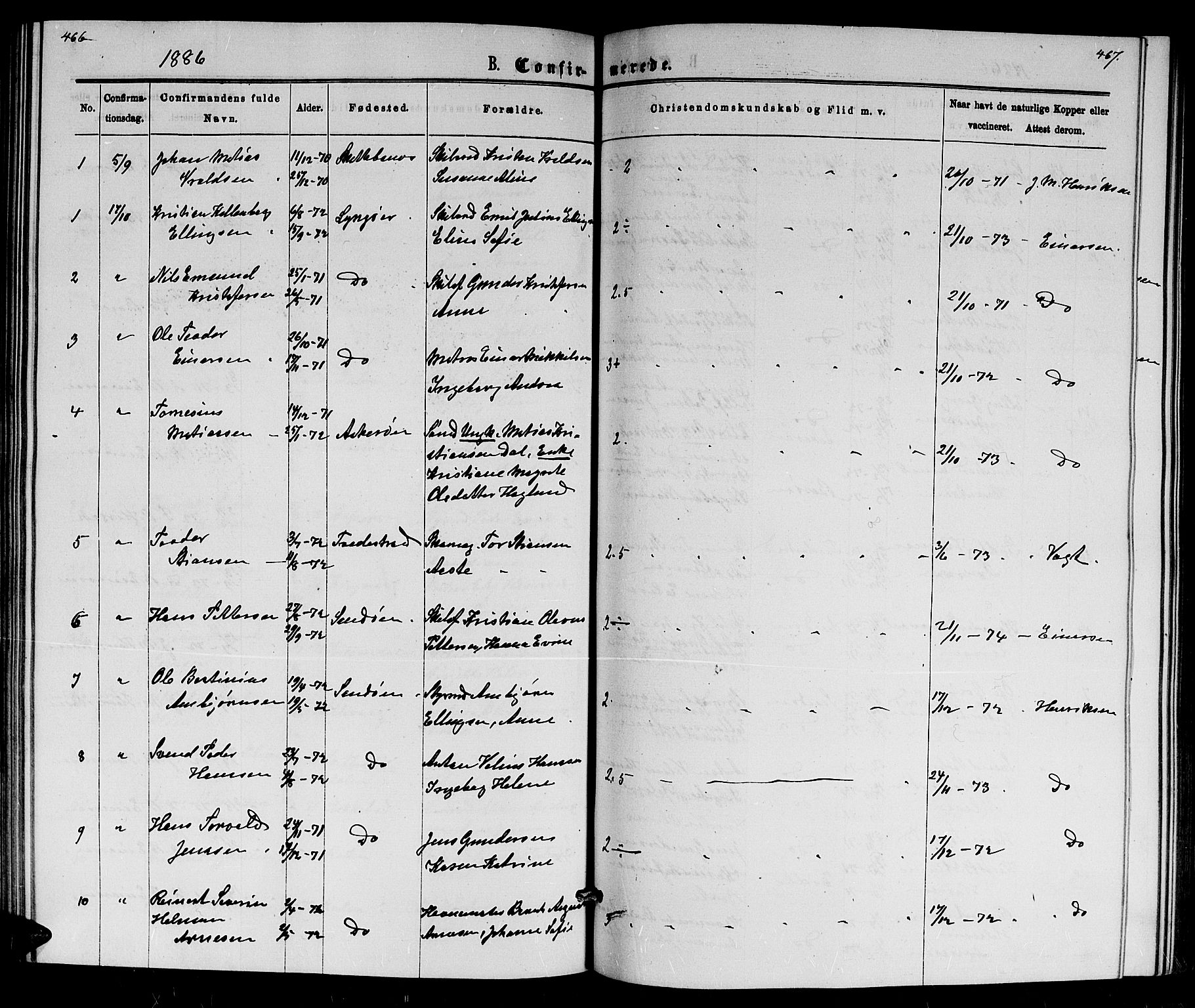 Dypvåg sokneprestkontor, AV/SAK-1111-0007/F/Fb/Fba/L0012: Parish register (copy) no. B 12, 1872-1886, p. 466-467