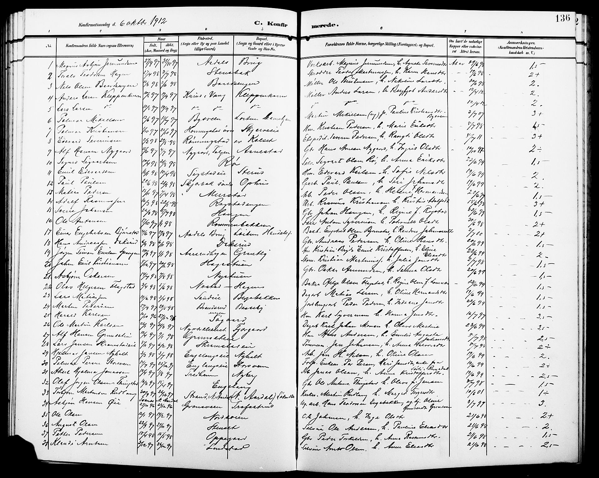 Løten prestekontor, SAH/PREST-022/L/La/L0007: Parish register (copy) no. 7, 1910-1919, p. 136