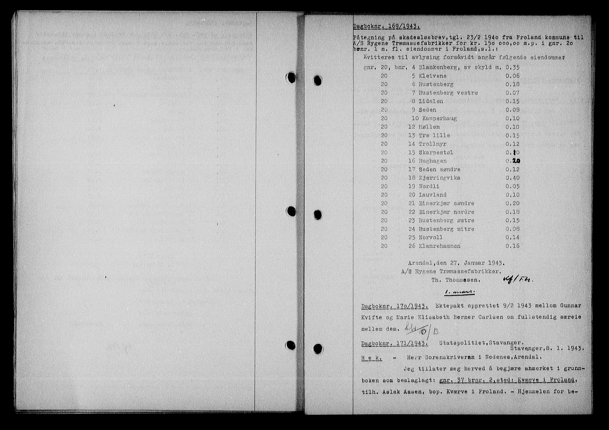 Nedenes sorenskriveri, SAK/1221-0006/G/Gb/Gba/L0050: Mortgage book no. A-IV, 1942-1943, Diary no: : 169/1943