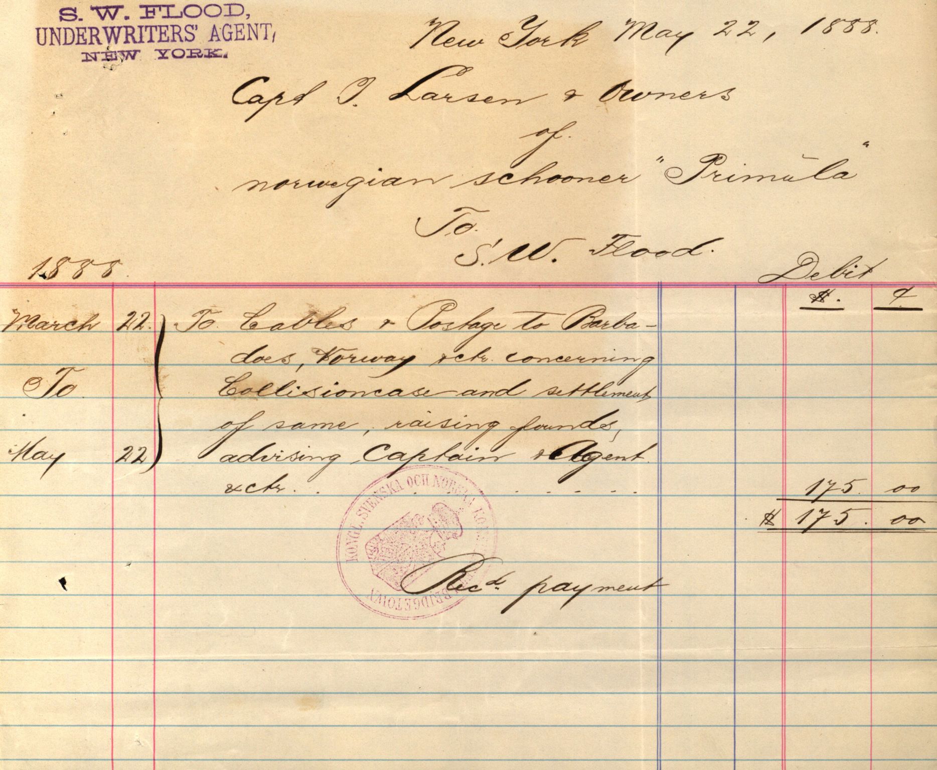 Pa 63 - Østlandske skibsassuranceforening, VEMU/A-1079/G/Ga/L0021/0003: Havaridokumenter / Inga av Drammen, Inga av Sandefjord, Primula, 1888-1889, p. 166