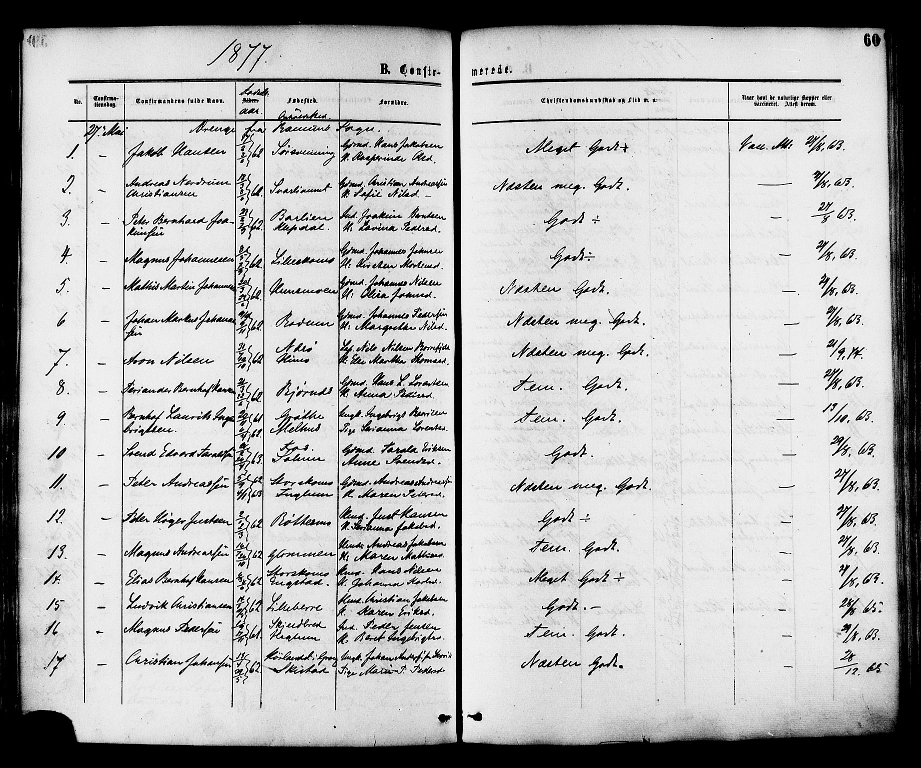 Ministerialprotokoller, klokkerbøker og fødselsregistre - Nord-Trøndelag, SAT/A-1458/764/L0553: Parish register (official) no. 764A08, 1858-1880, p. 60