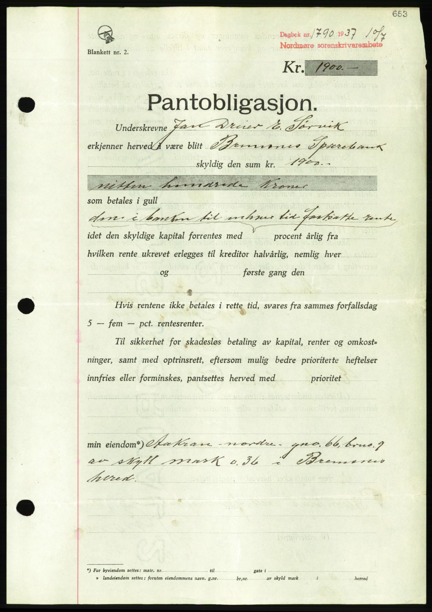 Nordmøre sorenskriveri, AV/SAT-A-4132/1/2/2Ca/L0091: Mortgage book no. B81, 1937-1937, Diary no: : 1790/1937