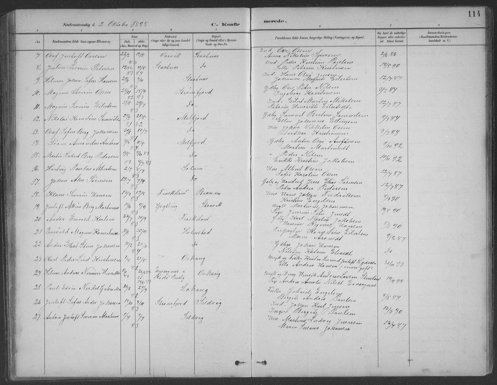 Ministerialprotokoller, klokkerbøker og fødselsregistre - Nordland, AV/SAT-A-1459/890/L1290: Parish register (copy) no. 890C01, 1882-1911, p. 114