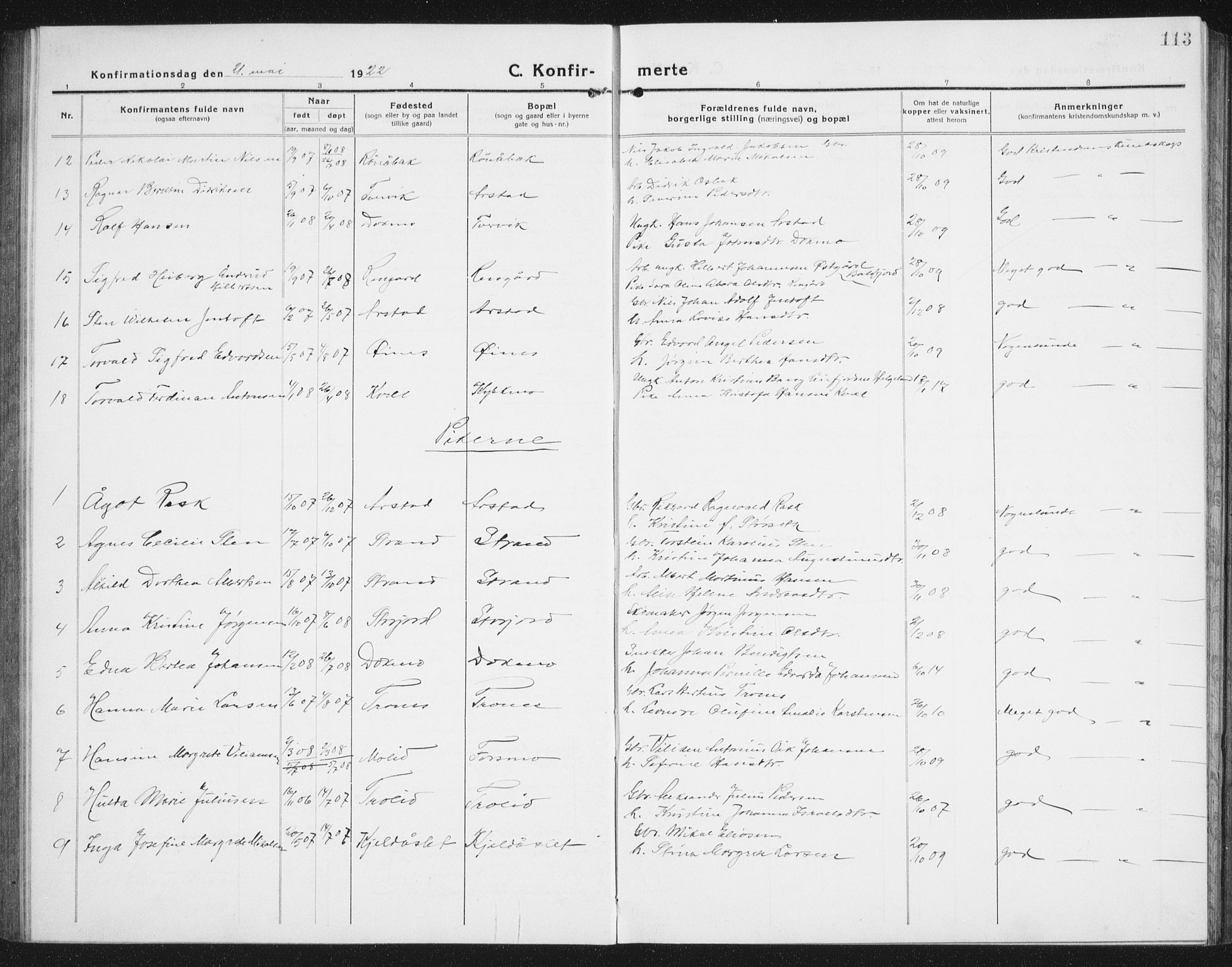 Ministerialprotokoller, klokkerbøker og fødselsregistre - Nordland, AV/SAT-A-1459/846/L0656: Parish register (copy) no. 846C06, 1917-1936, p. 113