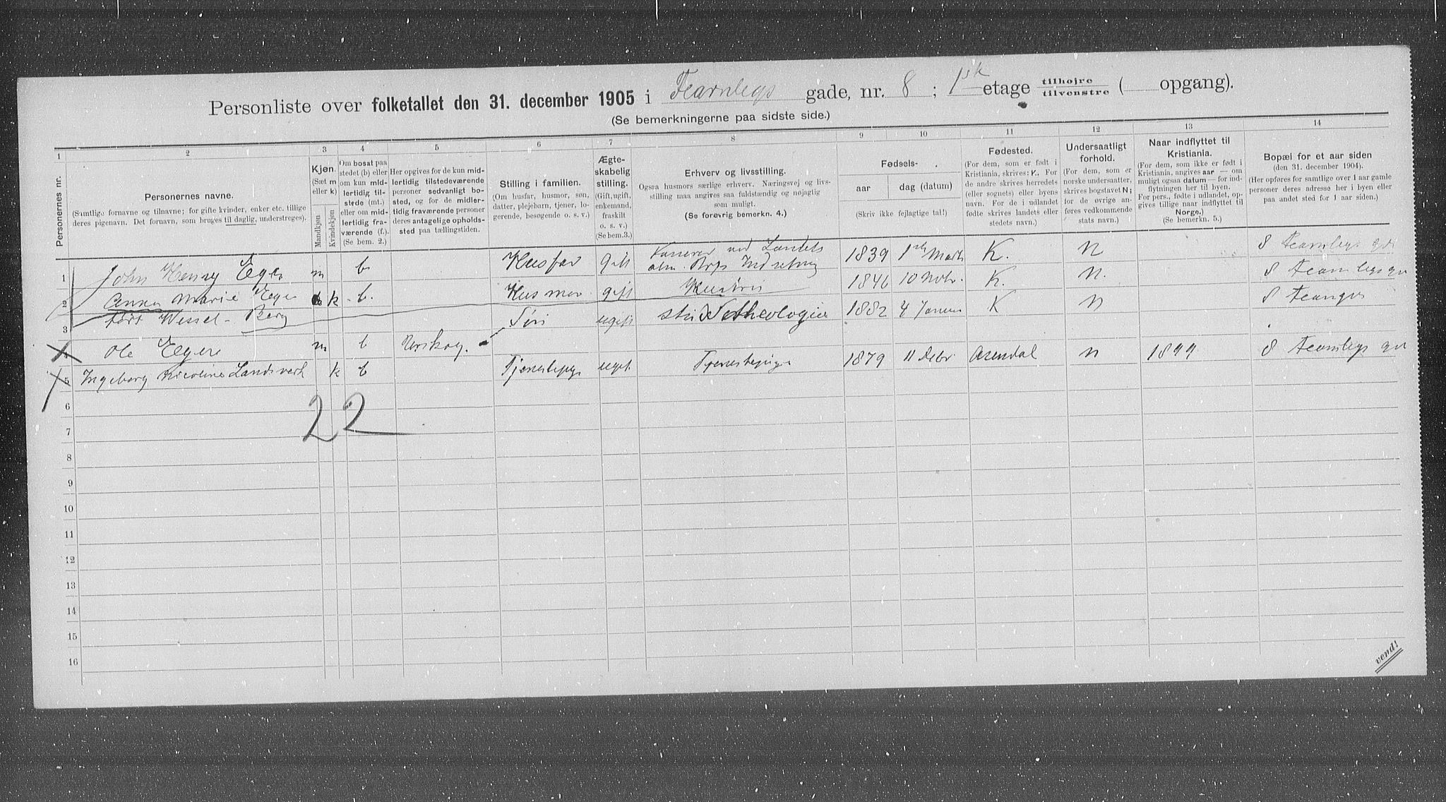 OBA, Municipal Census 1905 for Kristiania, 1905, p. 12431