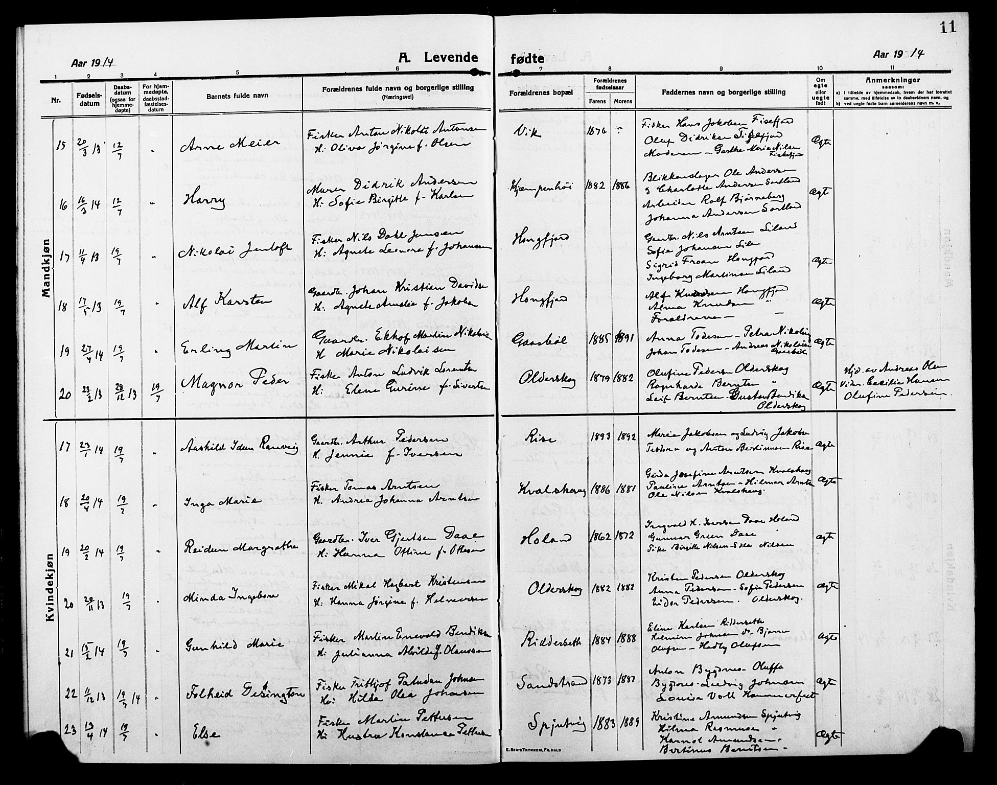 Ministerialprotokoller, klokkerbøker og fødselsregistre - Nordland, AV/SAT-A-1459/895/L1383: Parish register (copy) no. 895C05, 1913-1922, p. 11