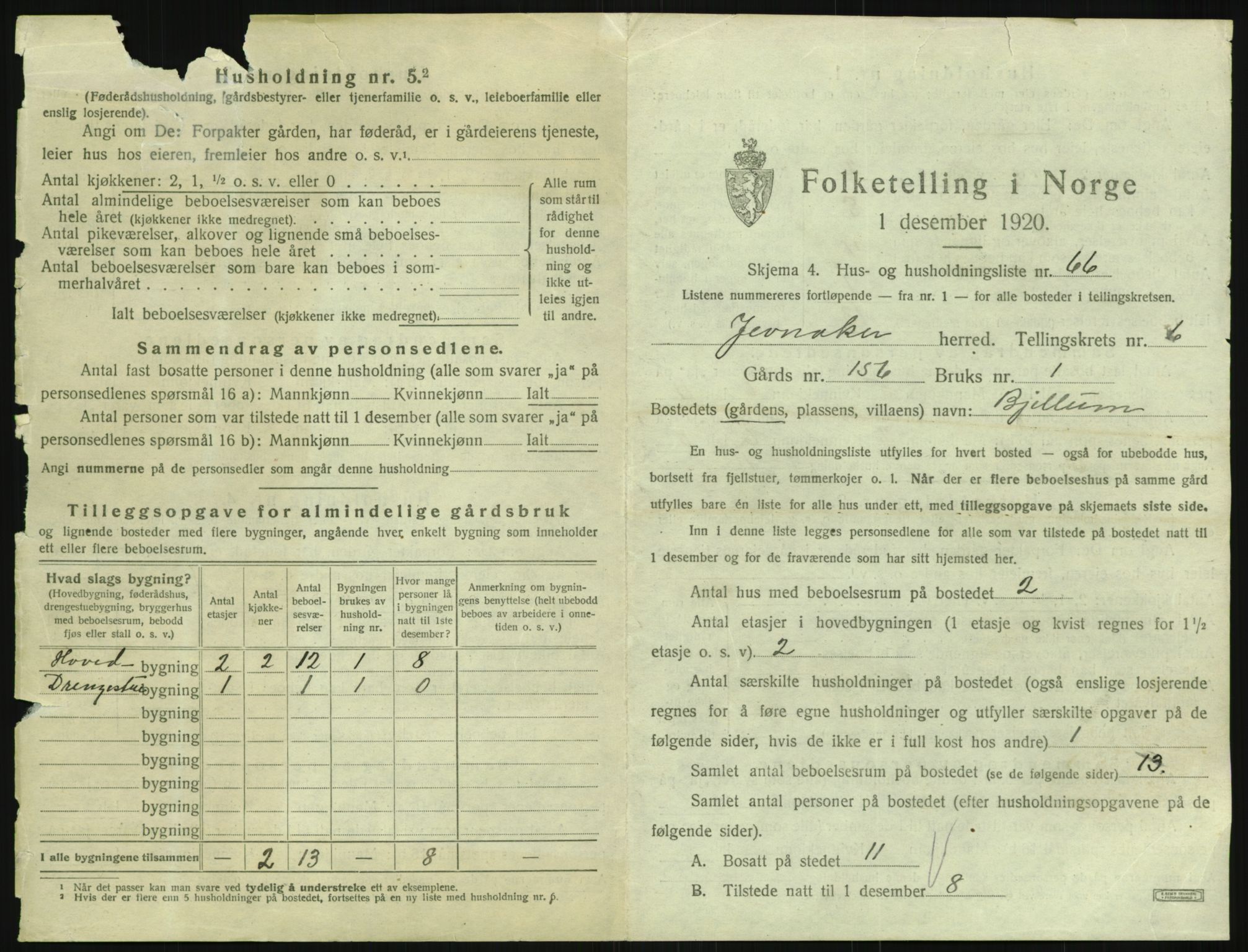 SAH, 1920 census for Jevnaker, 1920, p. 1233