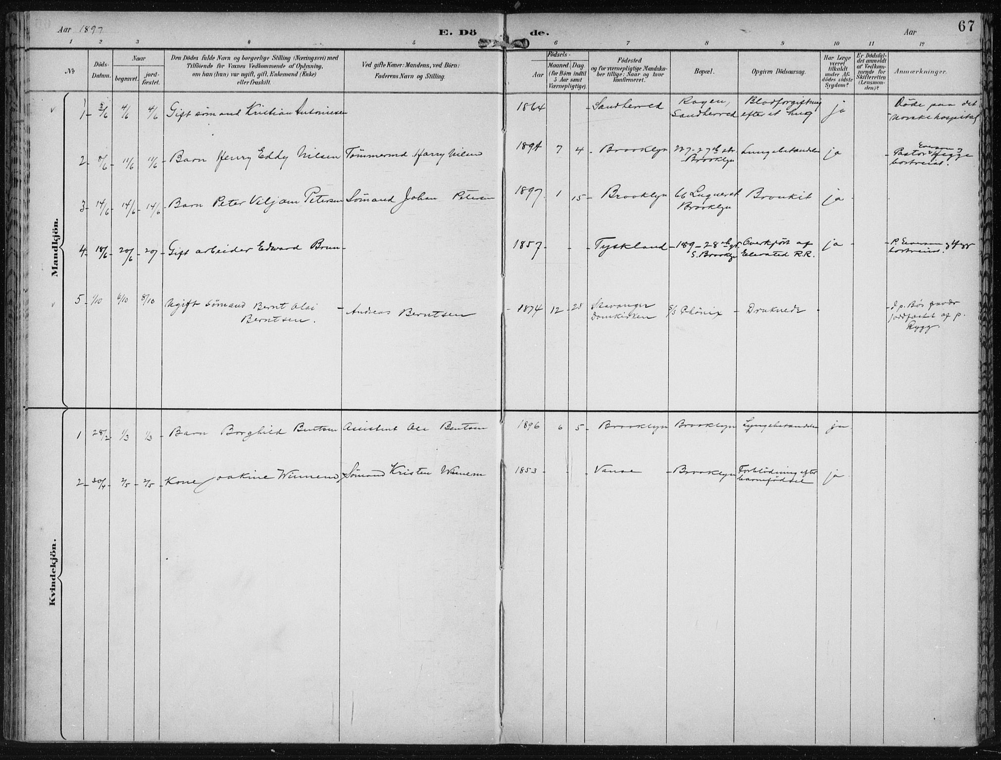 Den norske sjømannsmisjon i utlandet/New York, SAB/SAB/PA-0110/H/Ha/L0004: Parish register (official) no. A 4, 1893-1901, p. 67