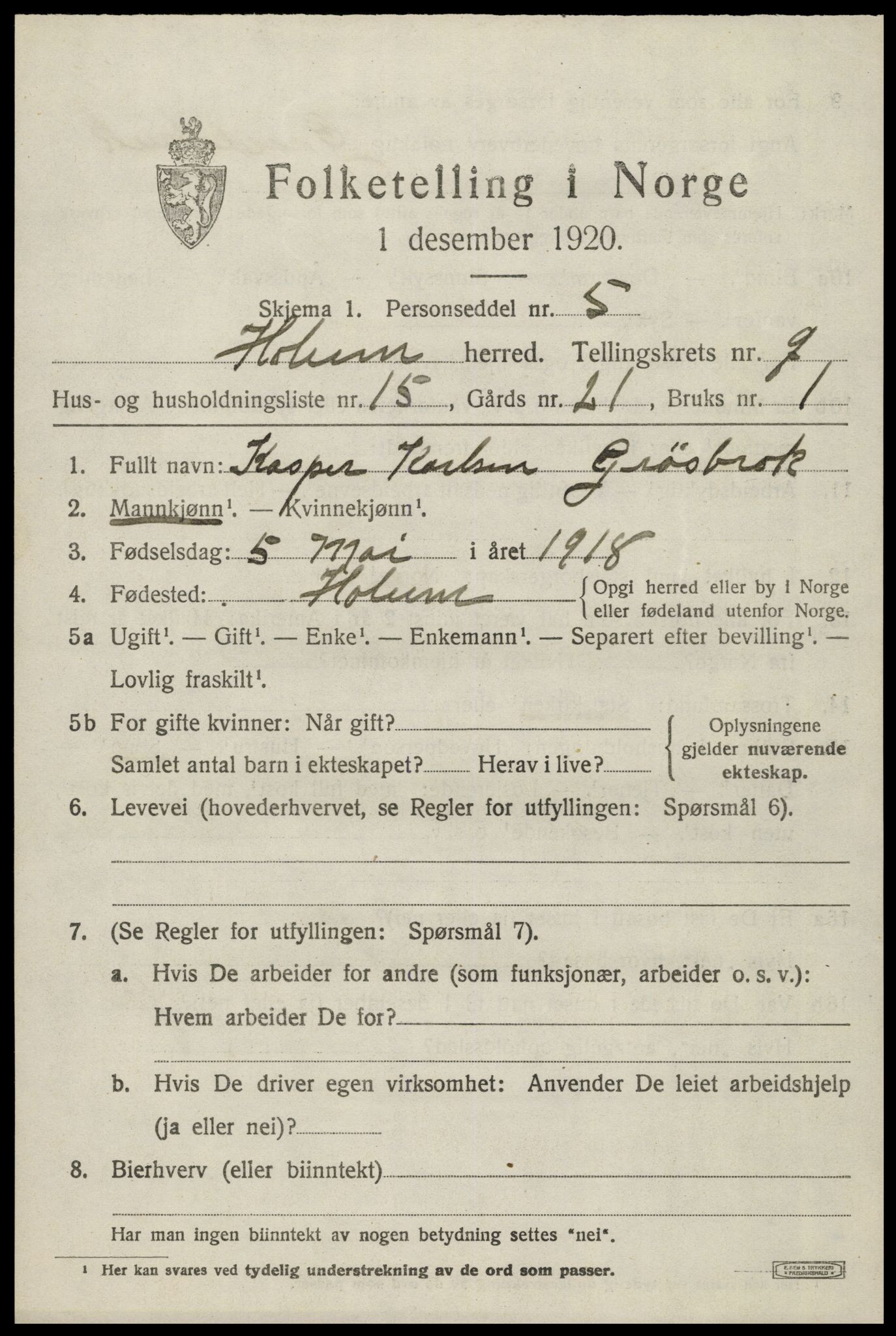 SAK, 1920 census for Holum, 1920, p. 2737