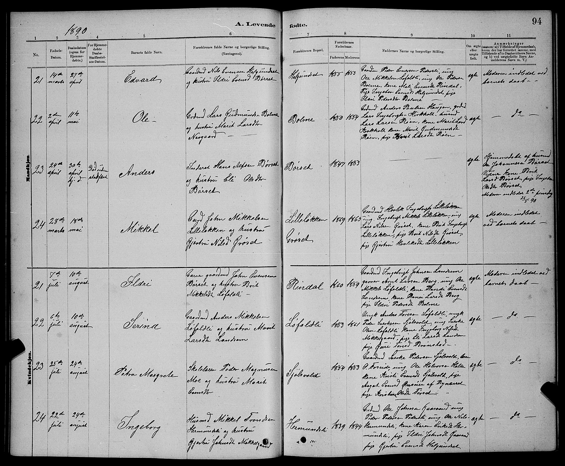 Ministerialprotokoller, klokkerbøker og fødselsregistre - Møre og Romsdal, AV/SAT-A-1454/598/L1077: Parish register (copy) no. 598C02, 1879-1891, p. 94