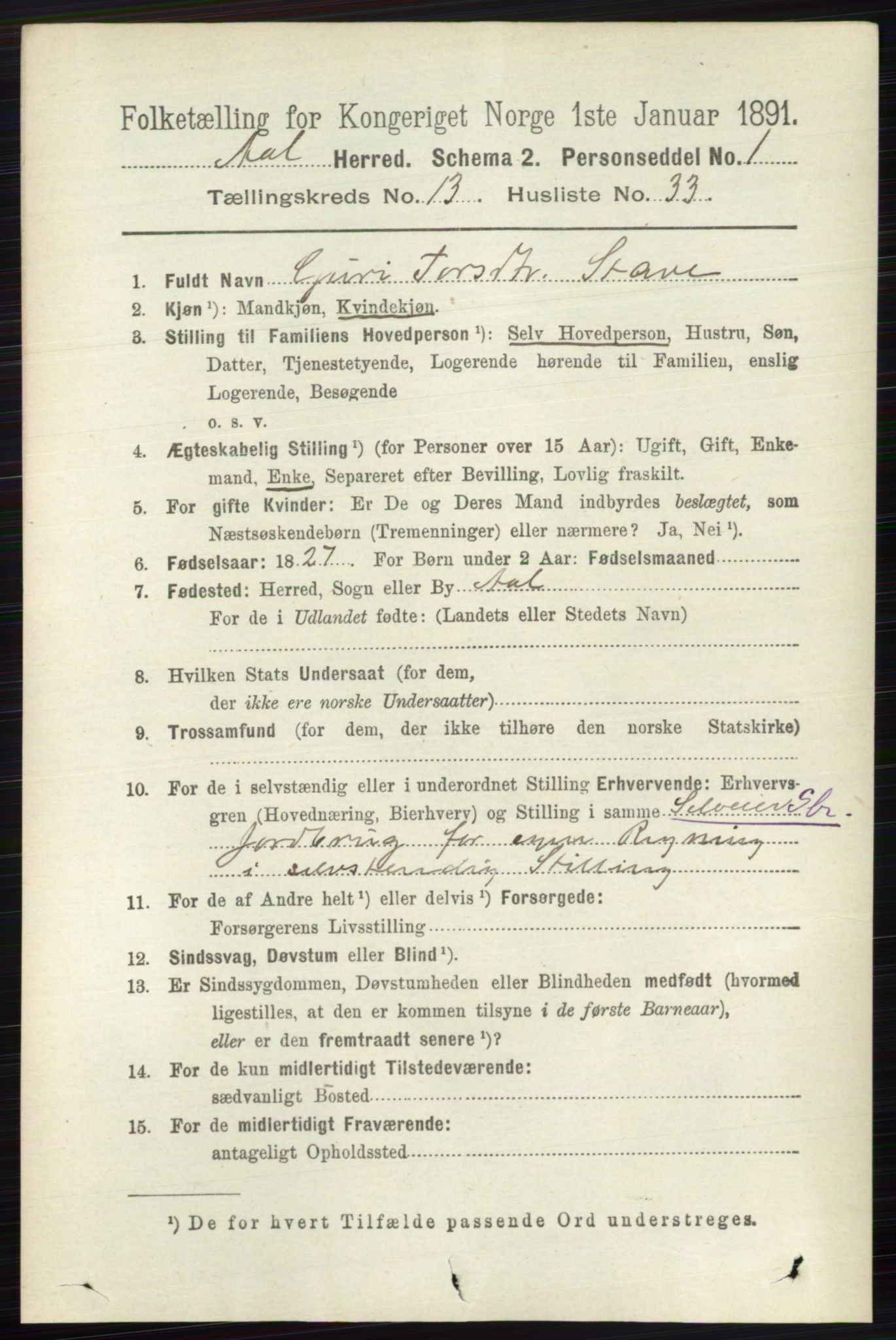 RA, 1891 census for 0619 Ål, 1891, p. 3436