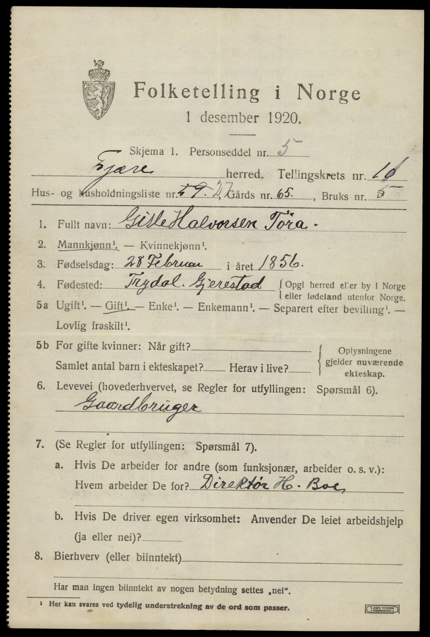 SAK, 1920 census for Fjære, 1920, p. 12019