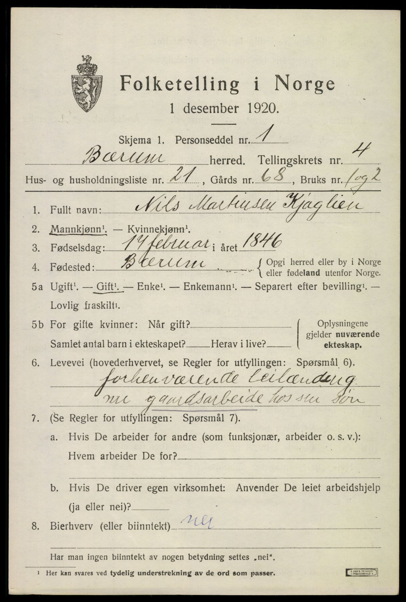 SAO, 1920 census for Bærum, 1920, p. 9010