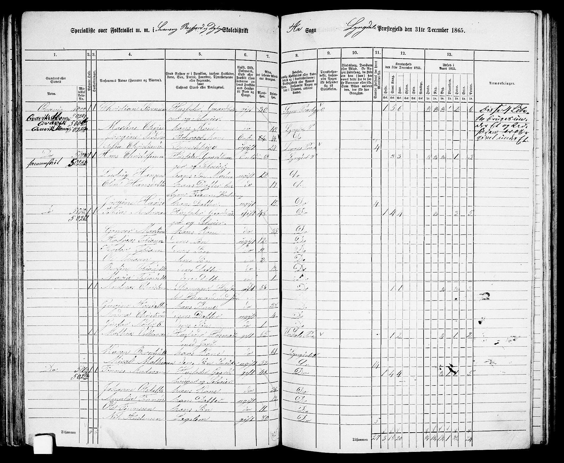 RA, 1865 census for Lyngdal, 1865, p. 99