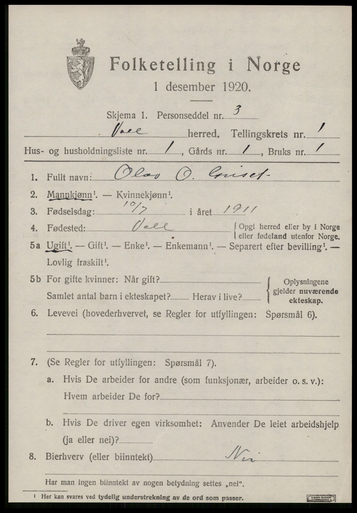 SAT, 1920 census for Voll, 1920, p. 329