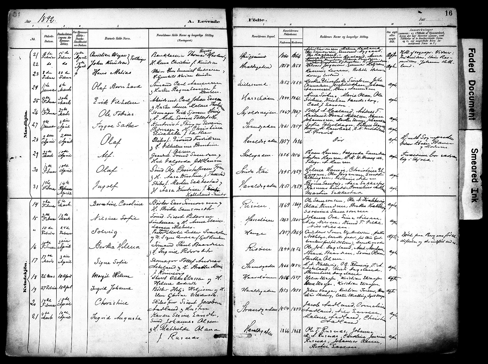 Haugesund sokneprestkontor, AV/SAST-A -101863/H/Ha/Haa/L0006: Parish register (official) no. A 6, 1891-1907, p. 16