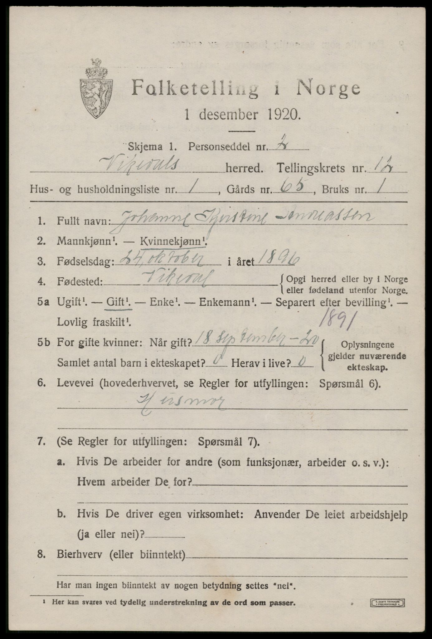 SAST, 1920 census for Vikedal, 1920, p. 3761