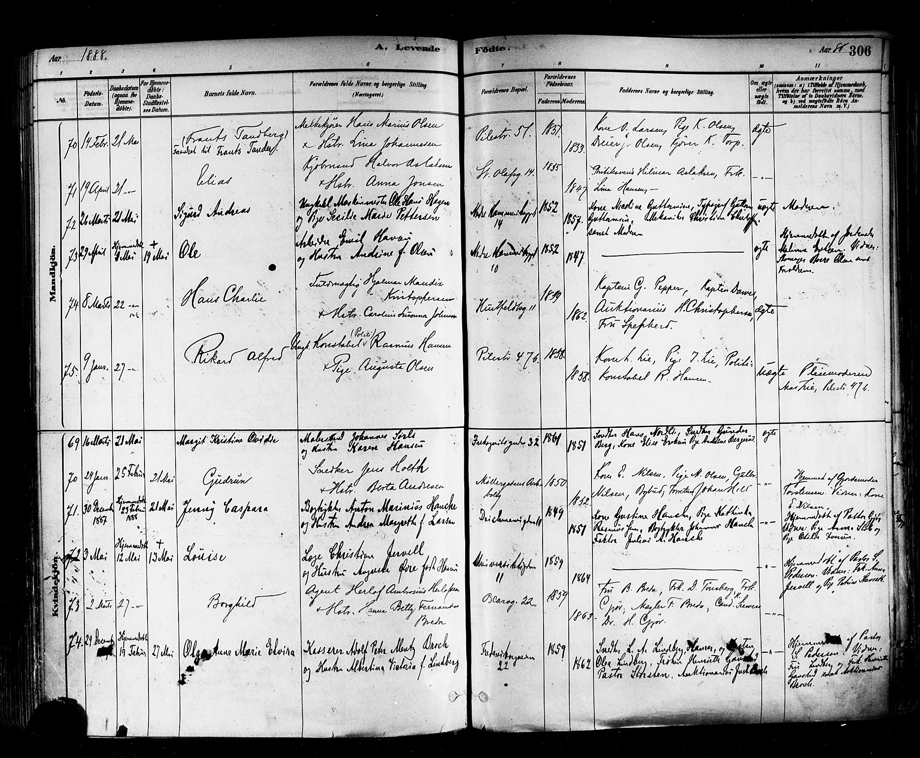 Trefoldighet prestekontor Kirkebøker, SAO/A-10882/F/Fa/L0005: Parish register (official) no. I 5, 1881-1891, p. 306