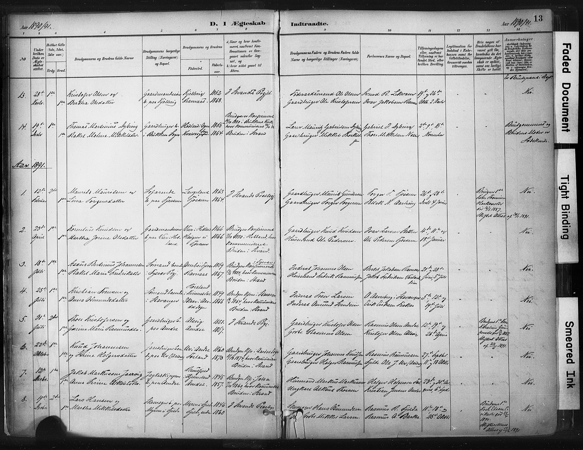 Strand sokneprestkontor, SAST/A-101828/H/Ha/Haa/L0010: Parish register (official) no. A 10, 1882-1929, p. 13