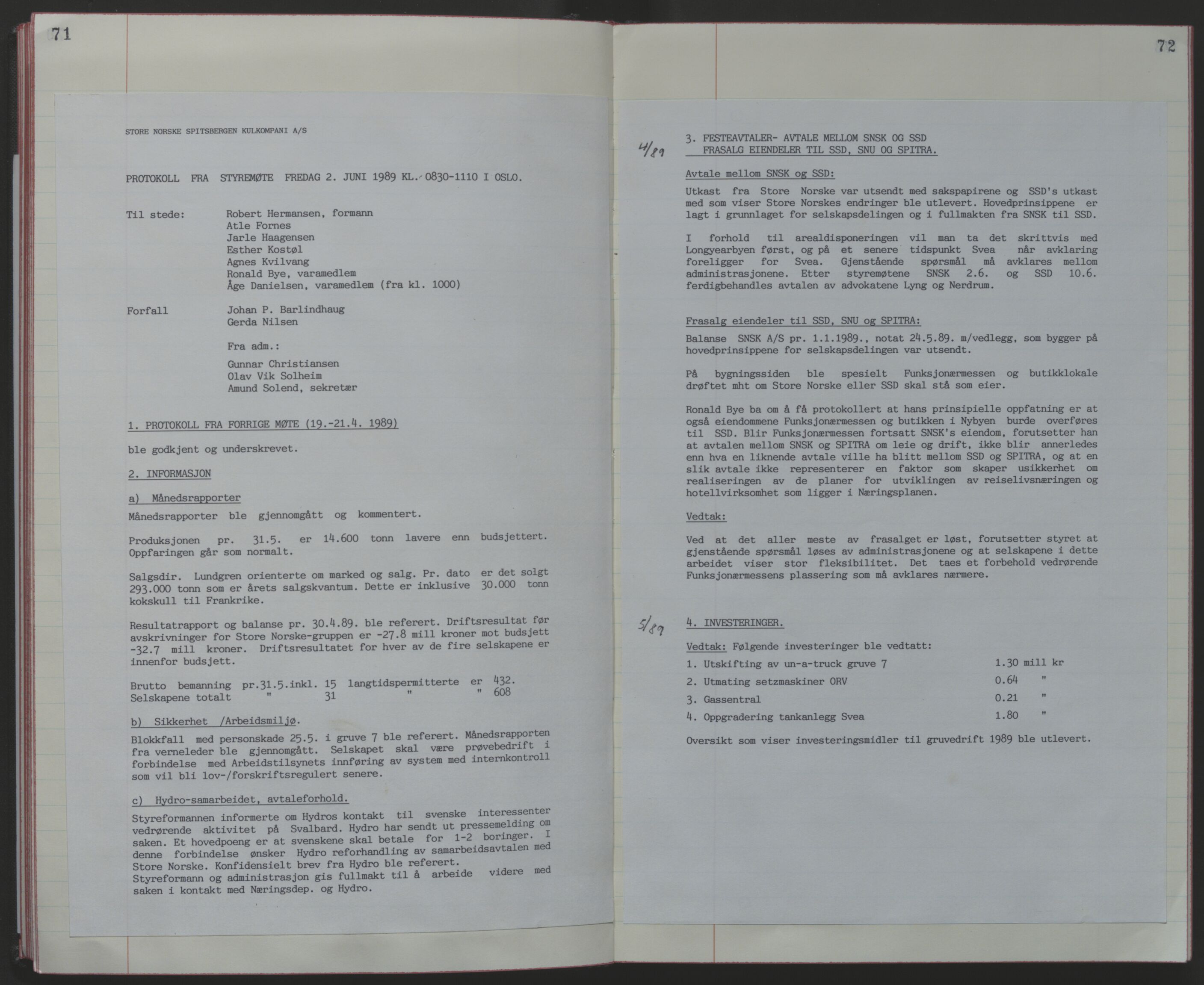 Store Norske Spitsbergen Kulkompani A/S, AV/SATØ-P-0073/09/A/Ab/Aba/L0003: Styreprotokoll 8, 1987-1994, p. 71-72