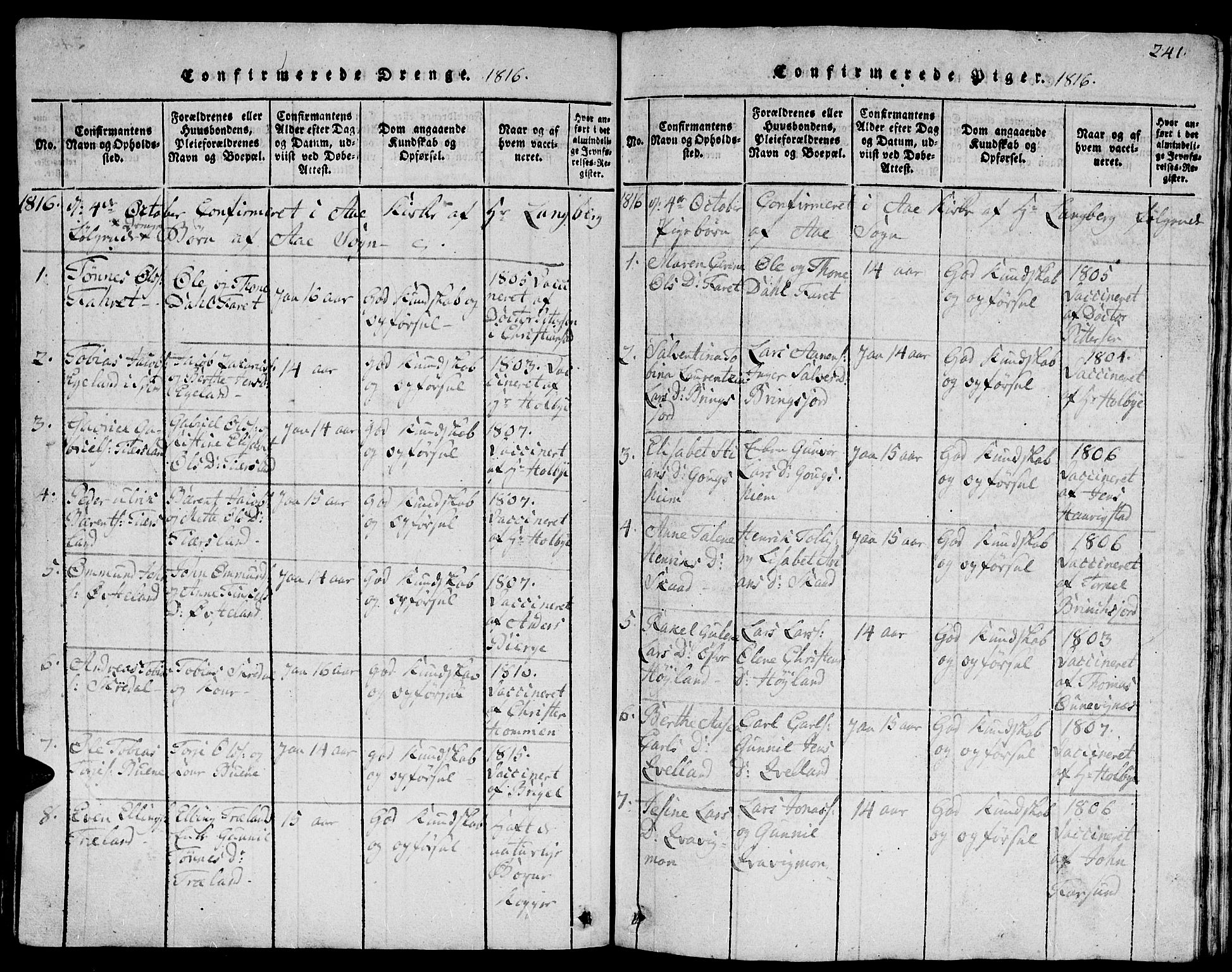 Lyngdal sokneprestkontor, SAK/1111-0029/F/Fb/Fbc/L0001: Parish register (copy) no. B 1, 1815-1844, p. 241