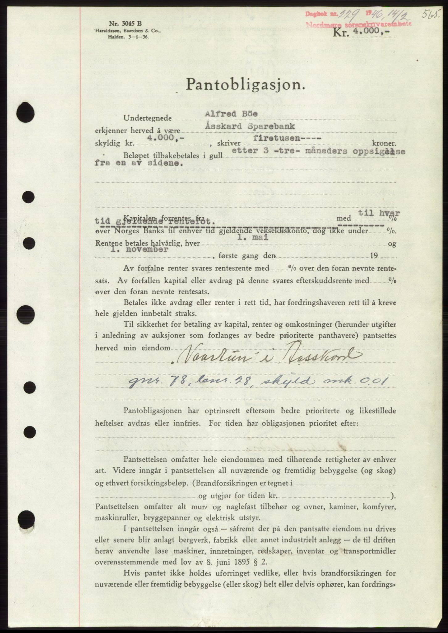 Nordmøre sorenskriveri, AV/SAT-A-4132/1/2/2Ca: Mortgage book no. B93b, 1946-1946, Diary no: : 229/1946